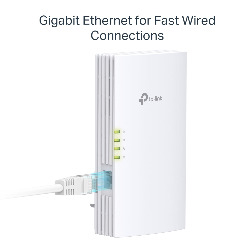 Ein weißer TP-Link Ethernet-Adapter mit Kabelanschluss und Statusleuchten.