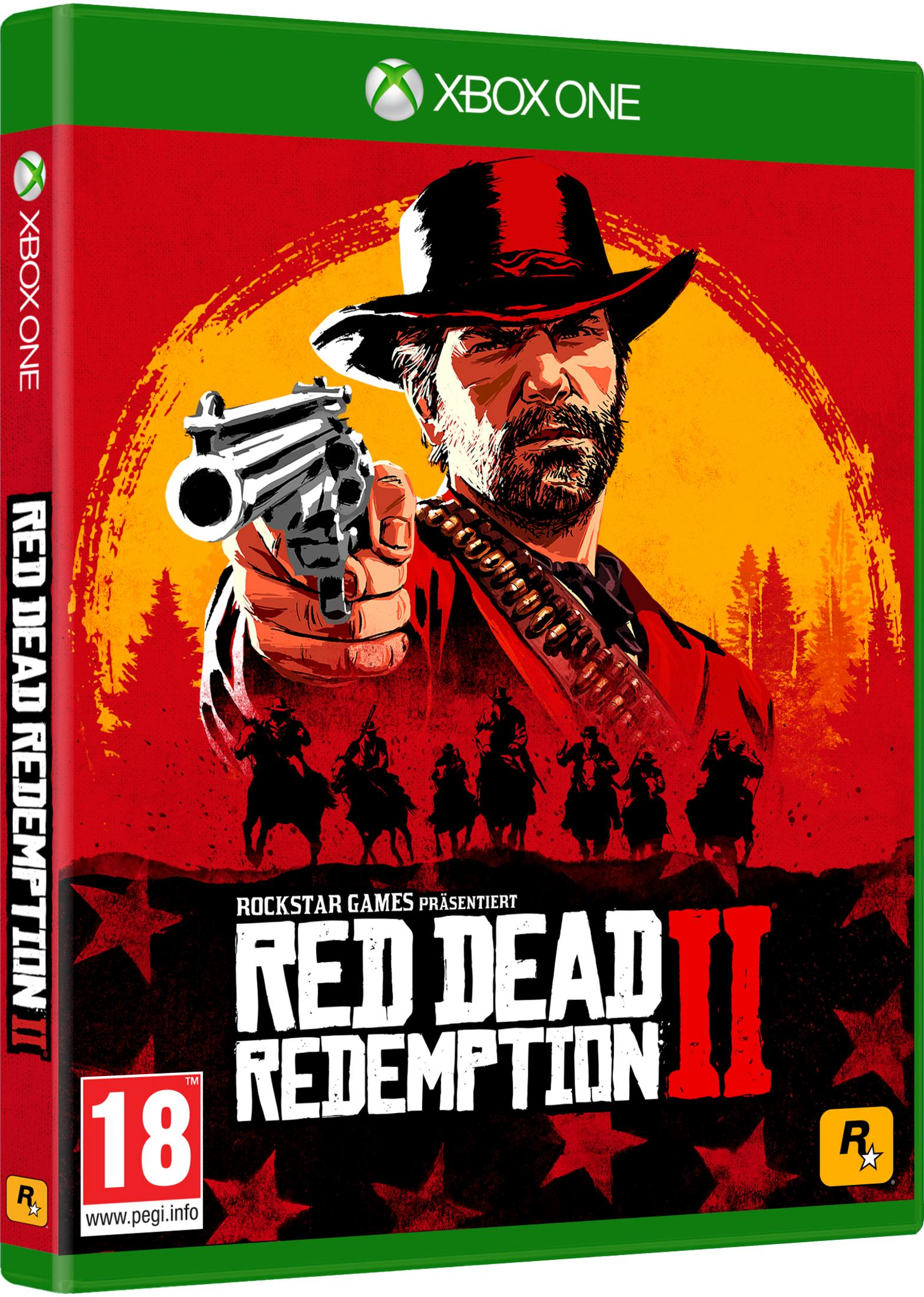 Xbox One Hülle: Mann mit Hut und Pistole, Reiter im Hintergrund. Red Dead Redemption II.