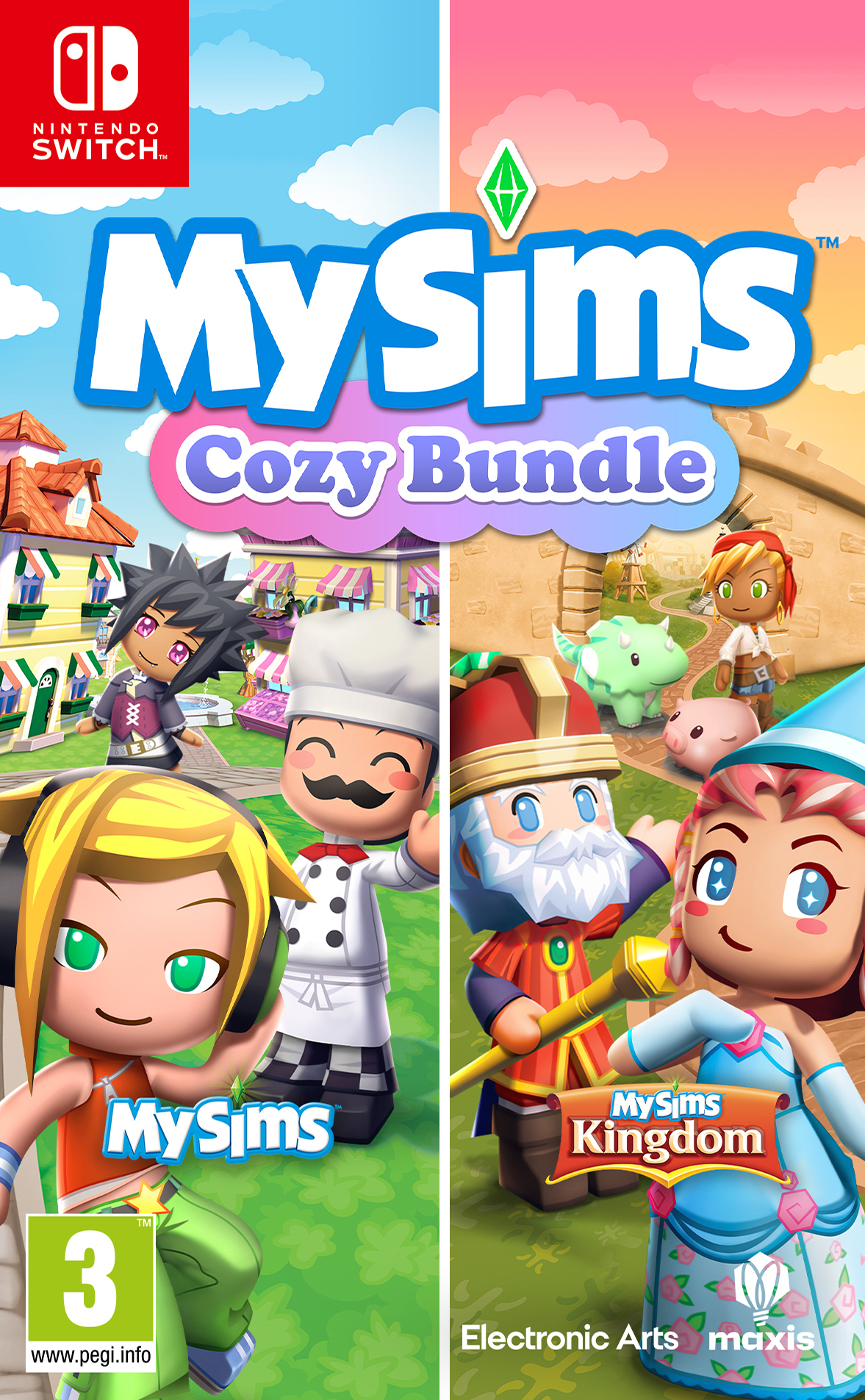 MySims Cozy Bundle Cover mit Charakteren in einer bunten, cartoonartigen Welt.