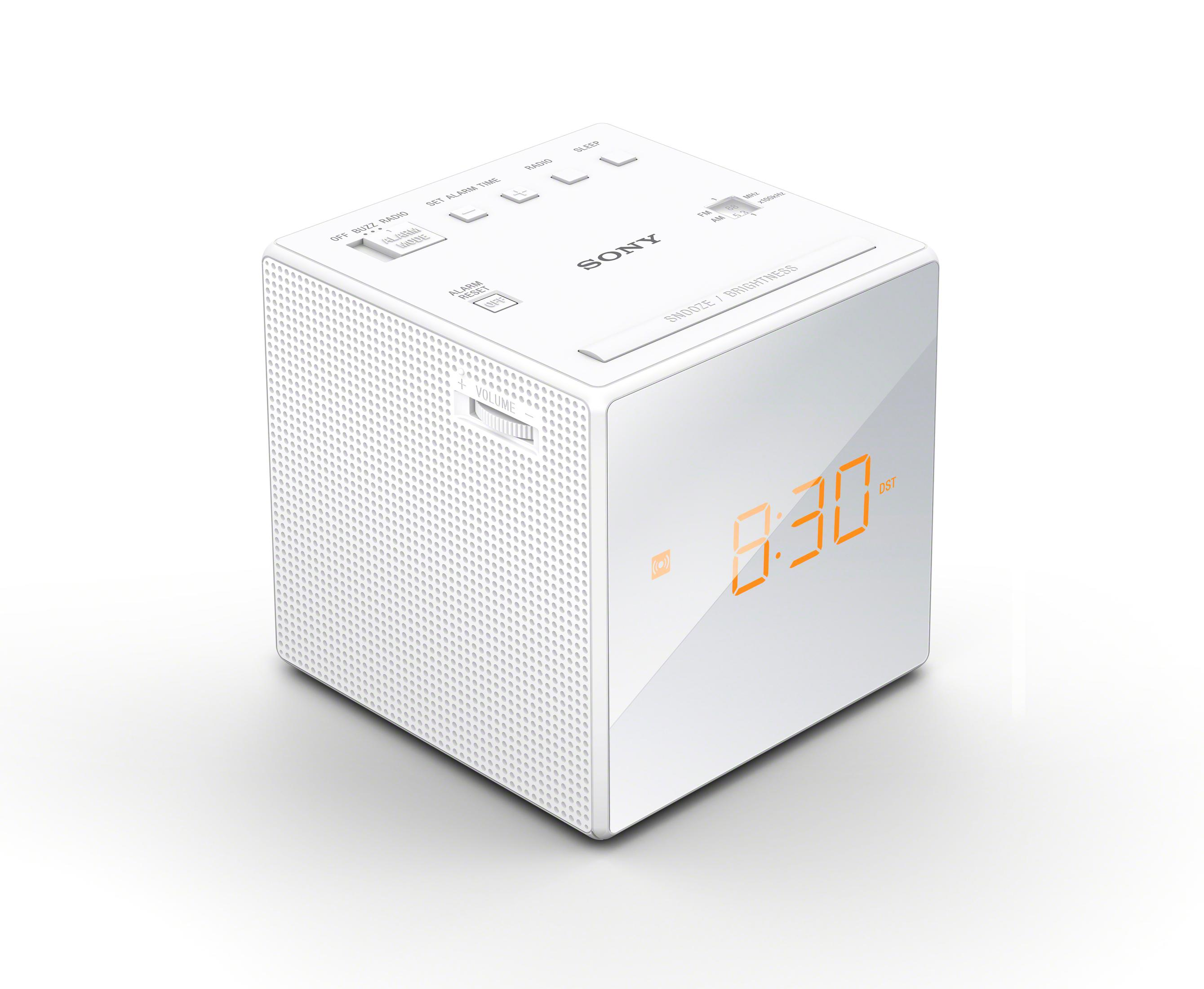 A white Sony digital alarm clock showing 8:30.