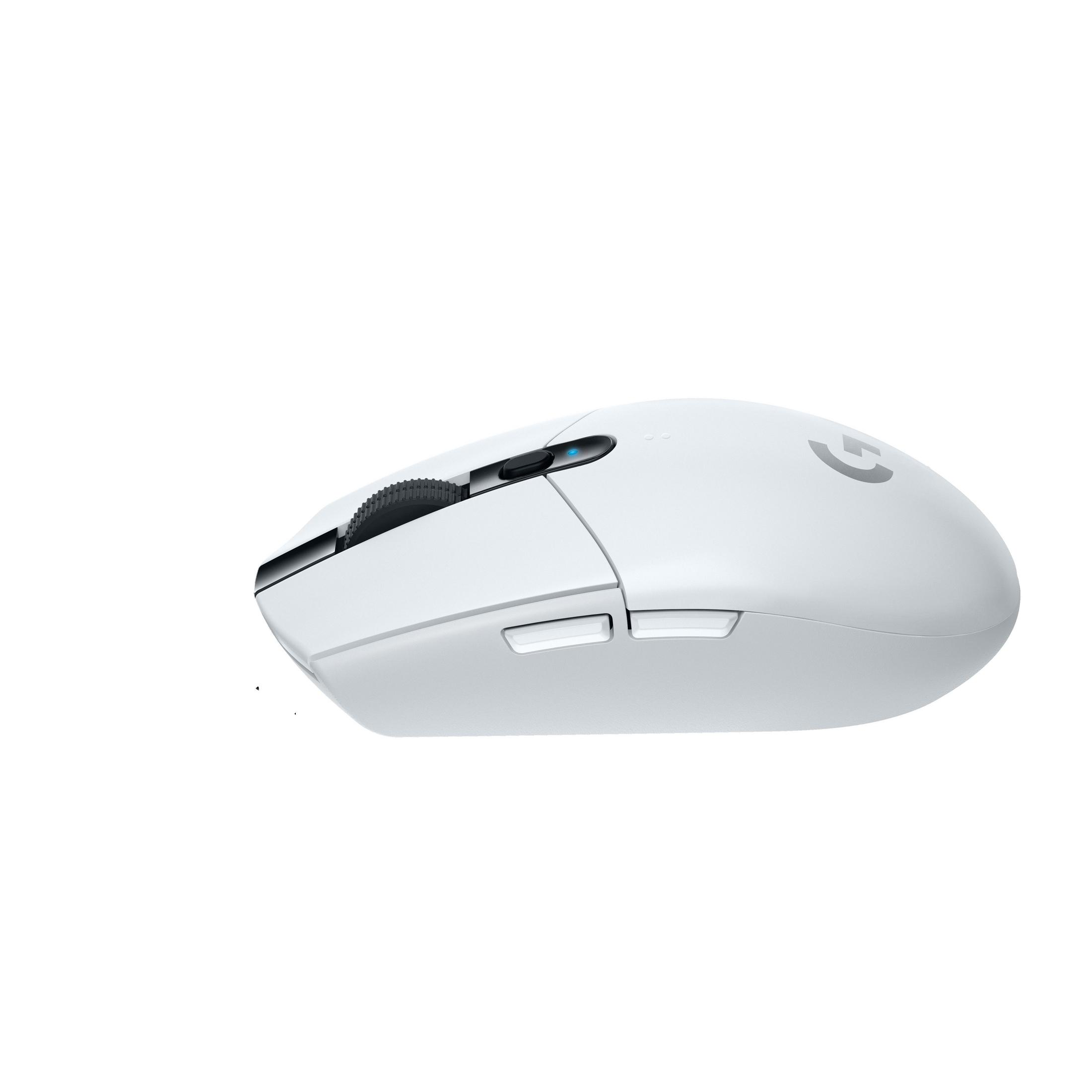 Biała bezprzewodowa mysz gamingowa z logo Logitech G i kółkiem.