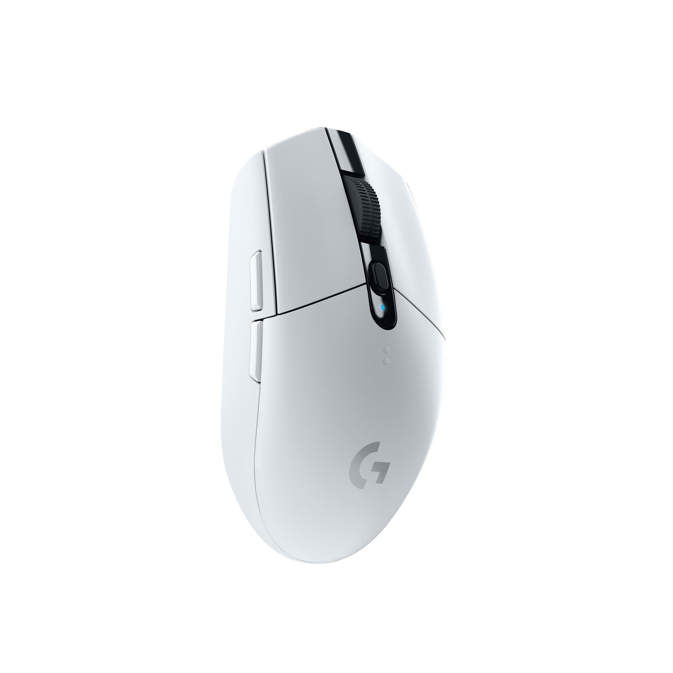 Biała mysz gamingowa z logo Logitech i kółkiem.