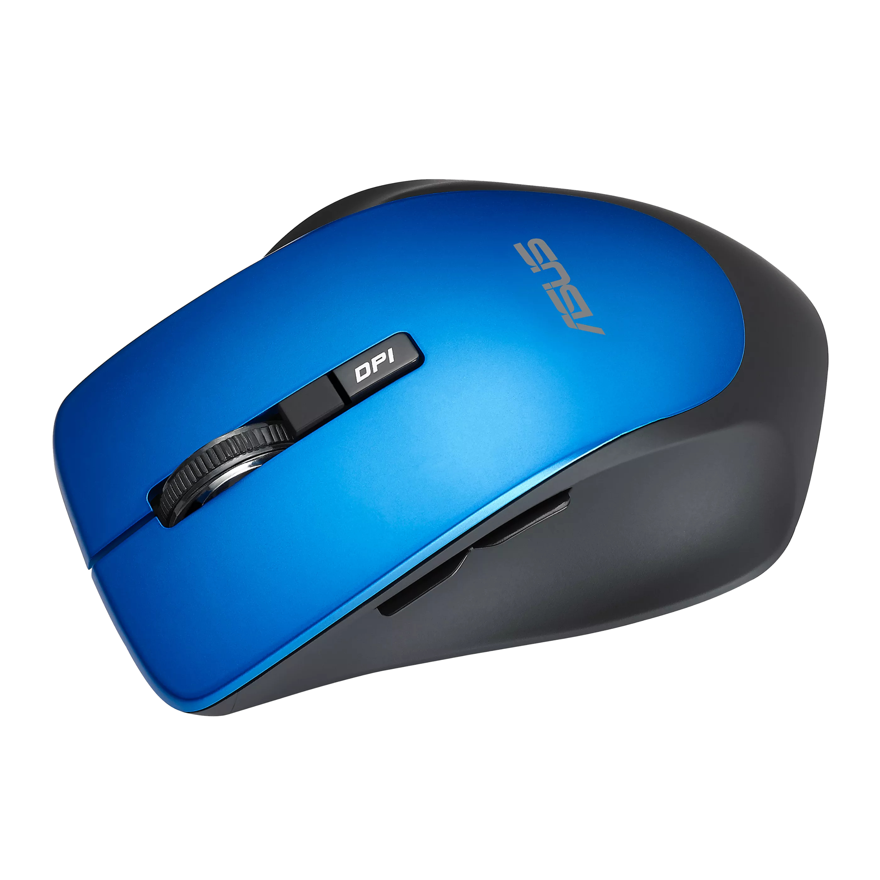Eine blaue Asus-Maus mit schwarzem Scrollrad und DPI-Taste.