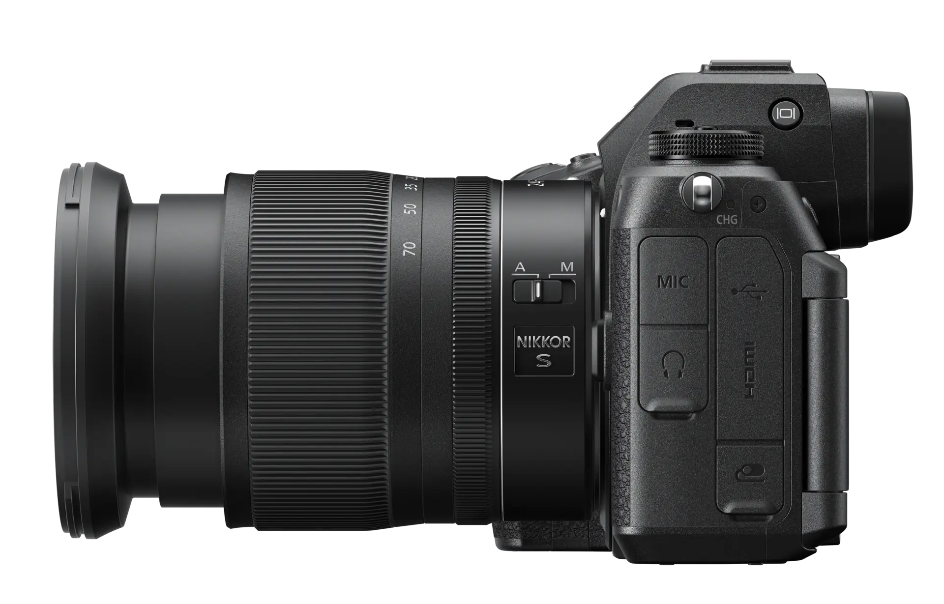Cámara Nikon negra con lente acoplado, vista lateral. Incluye etiquetas NIKKOR S, MIC, HDMI.