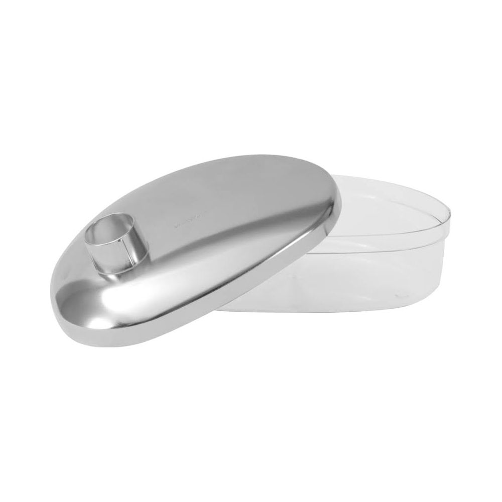 Srebrna pokrywka z uchwytem na przezroczystym pojemniku.