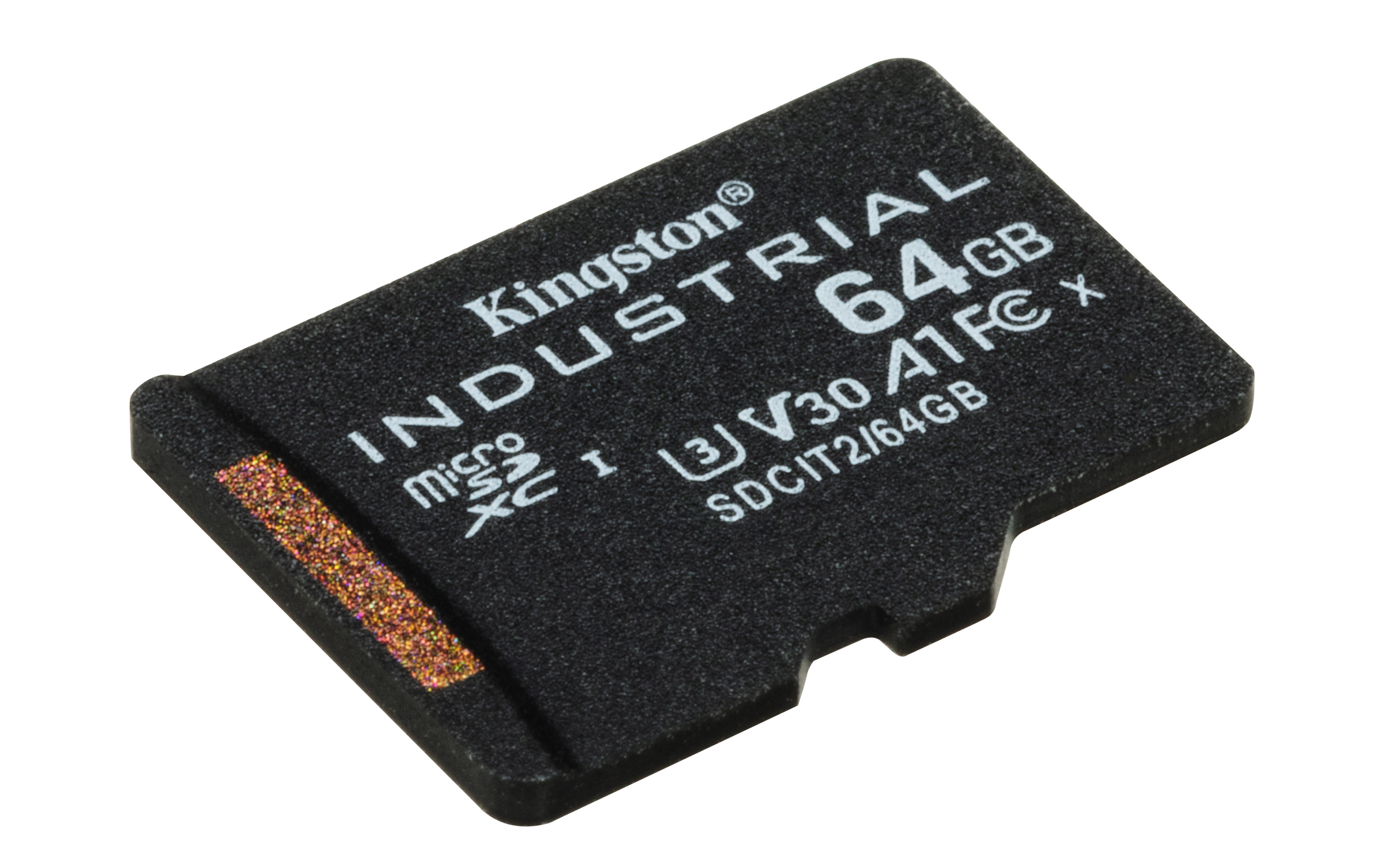 Schwarze Kingston microSDXC-Karte mit 64 GB und silbernen Schriftzügen.