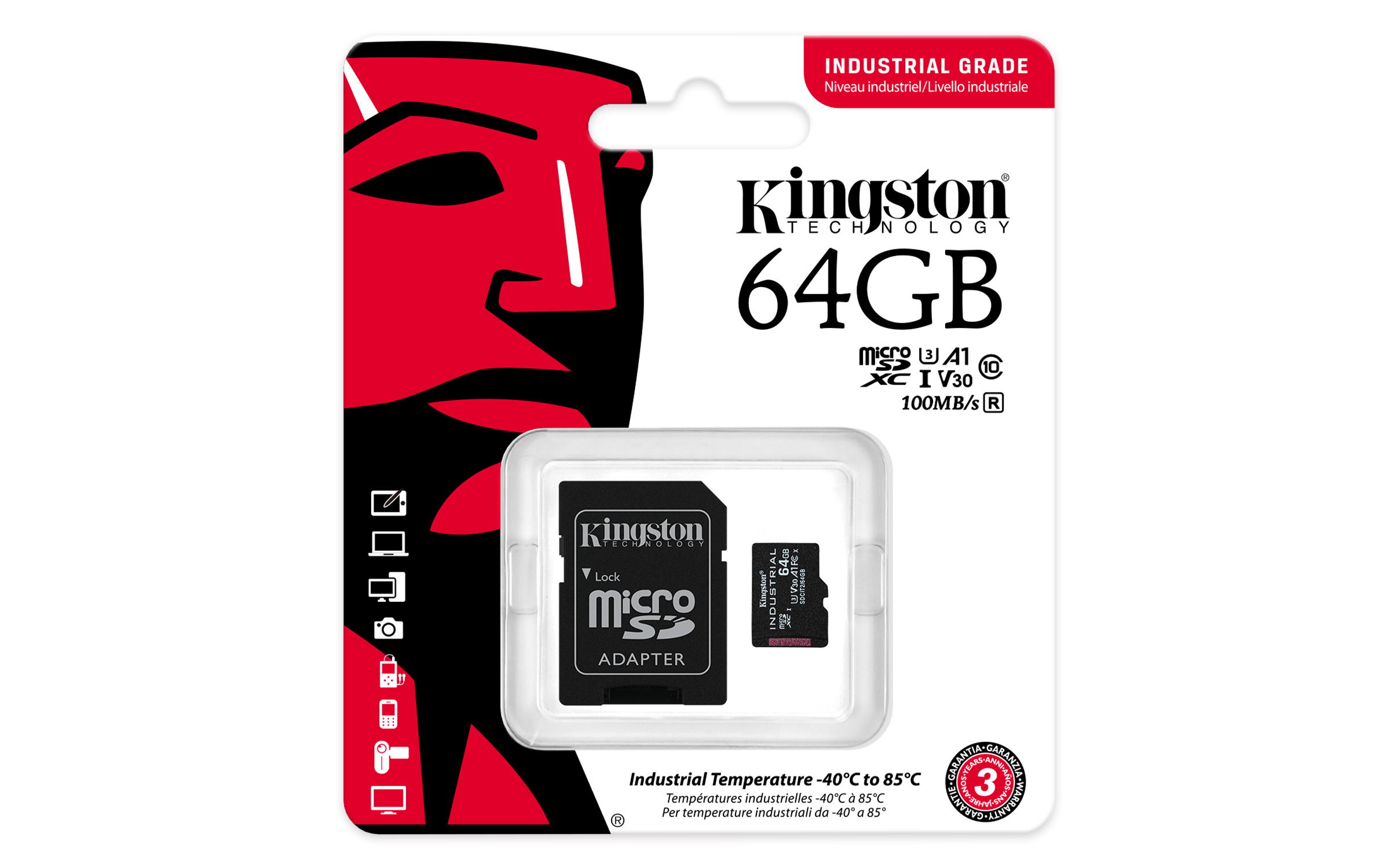 Kingston 64GB MicroSDXC-Karte mit Adapter, industrietauglich, rote Verpackung.
