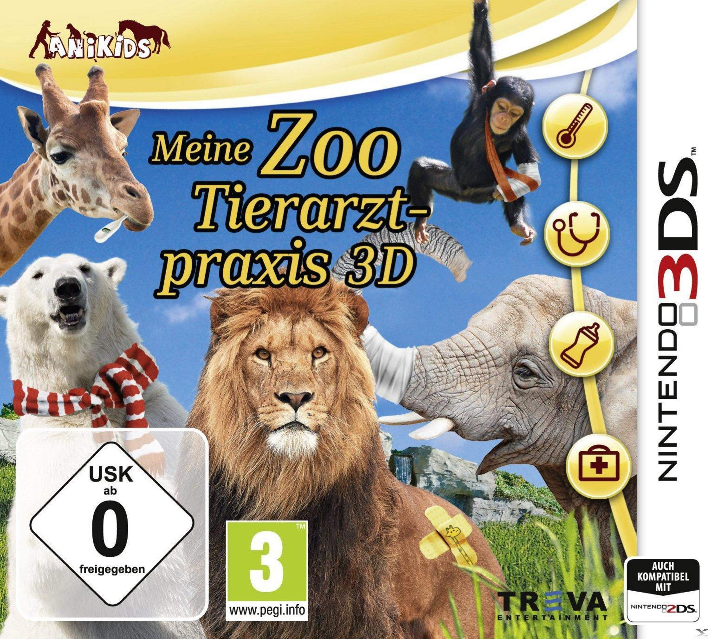 Zoo-Tierarzt-Spielcover mit Löwe, Elefant, Eisbär, Giraffe, Affe, Thermometer, Stethoskop.