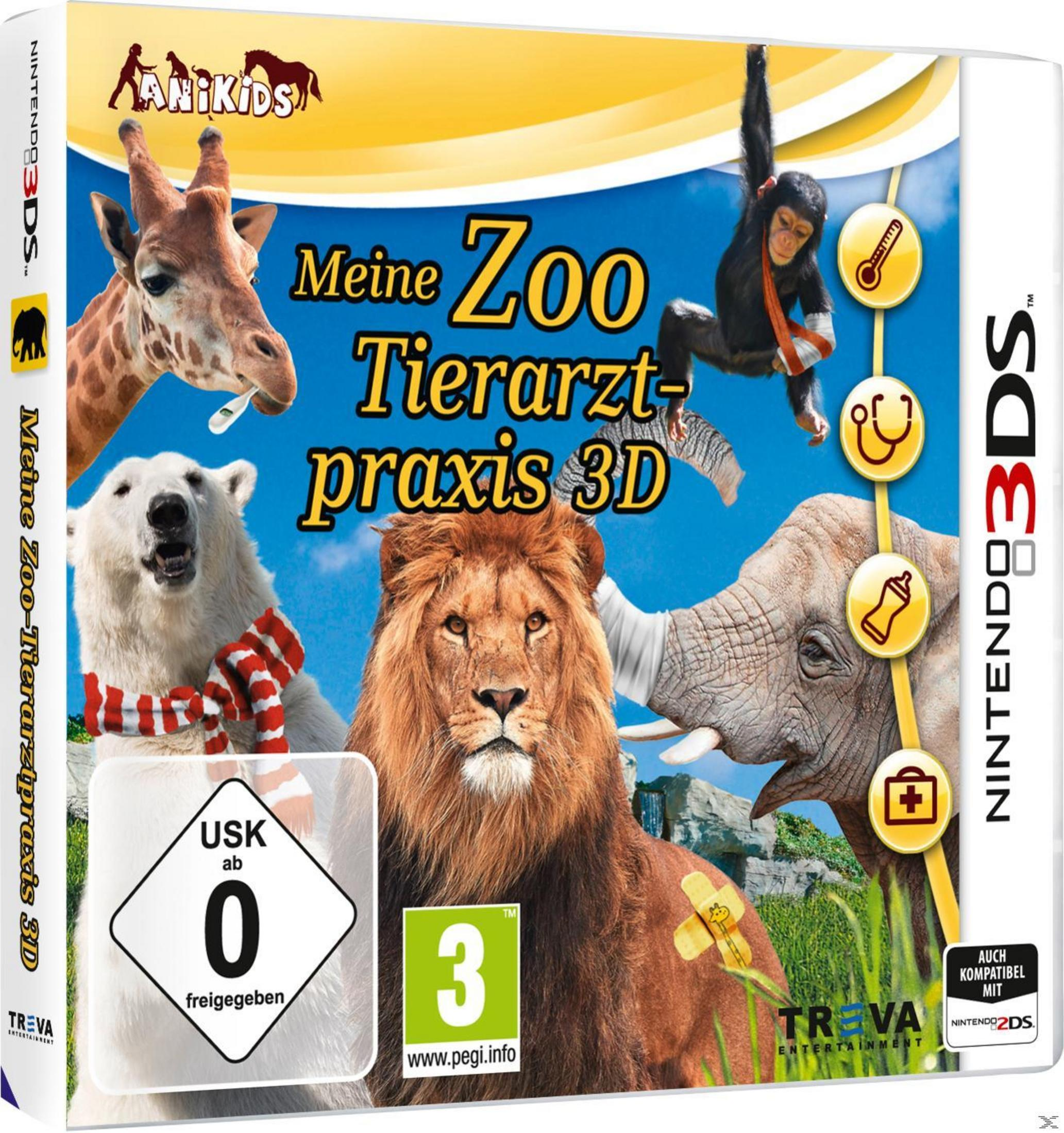 Spiel "Meine Zoo-Tierarztpraxis 3D" mit Löwe, Elefant, Giraffe, Eisbär und Affe.