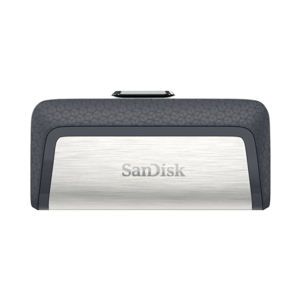 Srebrny pendrive SanDisk z czarną, wzorzystą obudową.