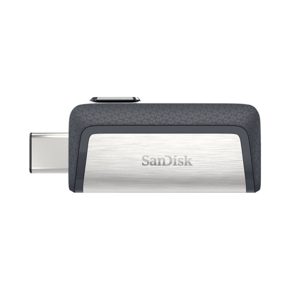 Srebrny i szary pendrive SanDisk ze złączem USB-C i wzorzystym uchwytem.
