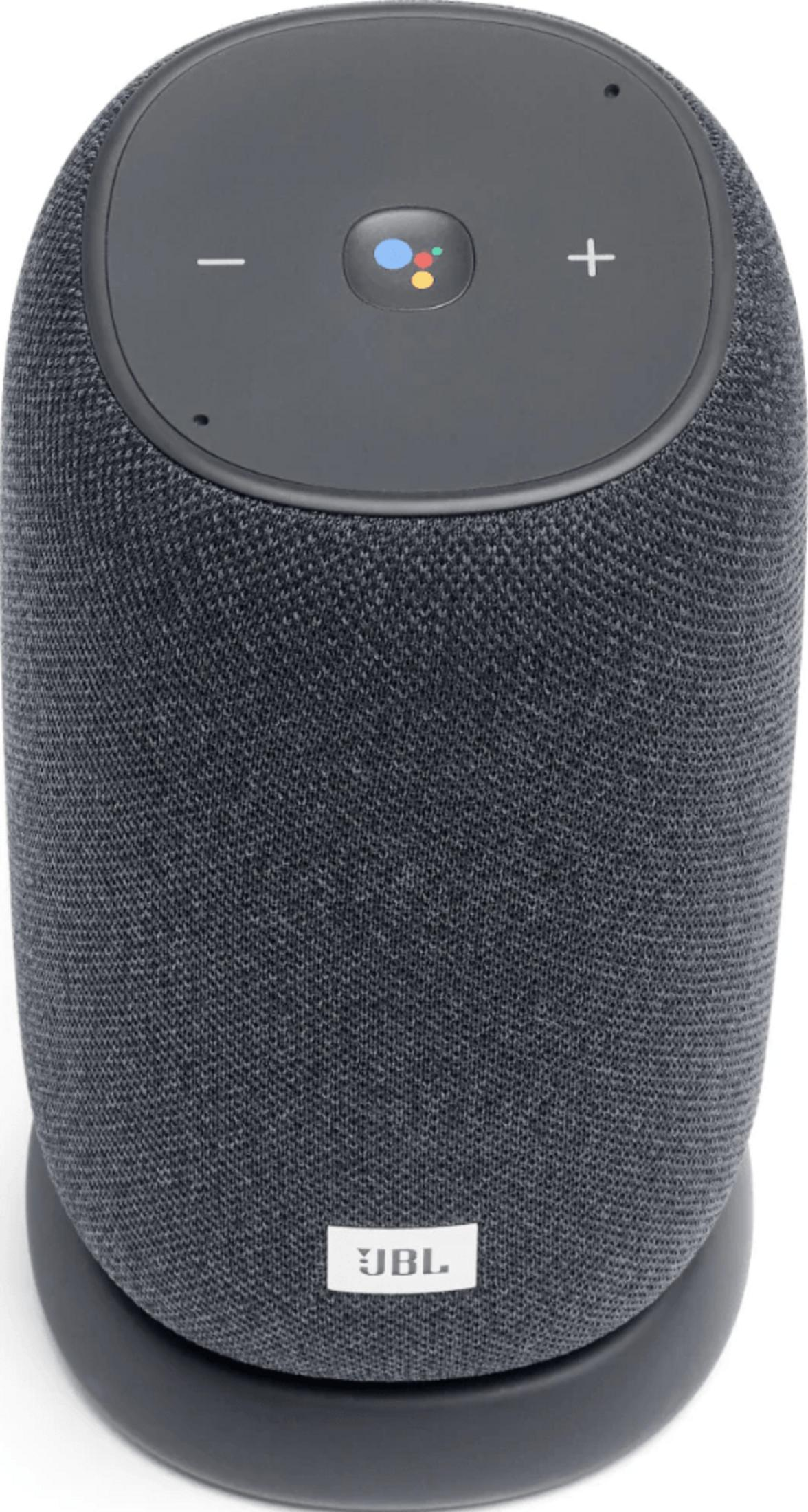 Ciemnoszary inteligentny głośnik JBL z logo Asystenta Google na górze.