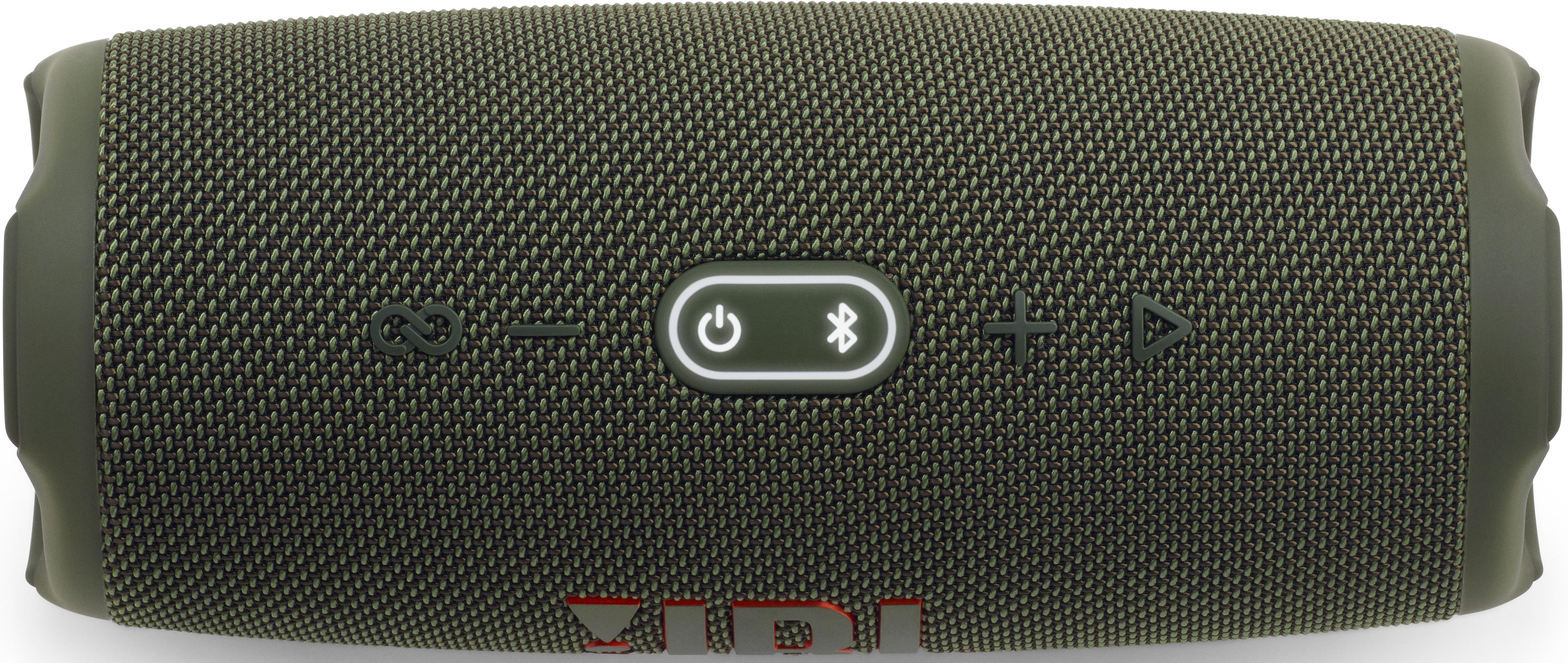 Zielony głośnik z przyciskami zasilania, Bluetooth, głośności i odtwarzania.
