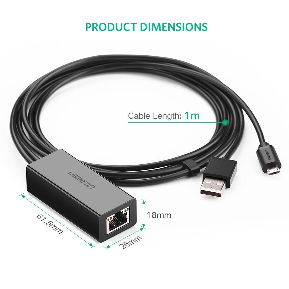 Schwarzes Kabel mit USB-A und Ethernet-Anschluss. Maße angegeben.
