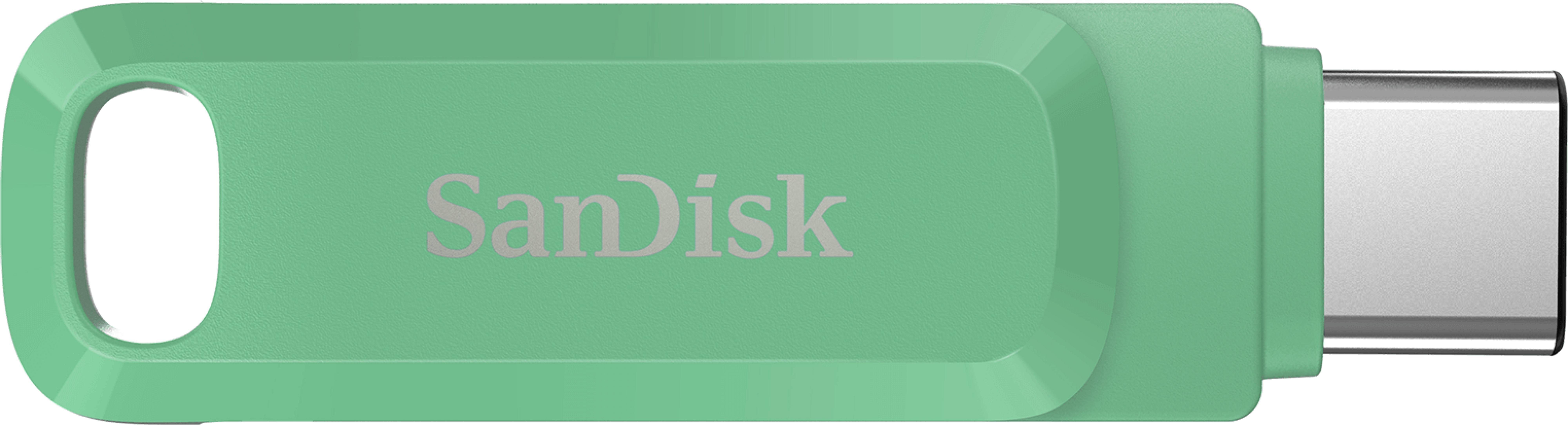 Pen drive USB-C Sandisk verde con connettore argentato.