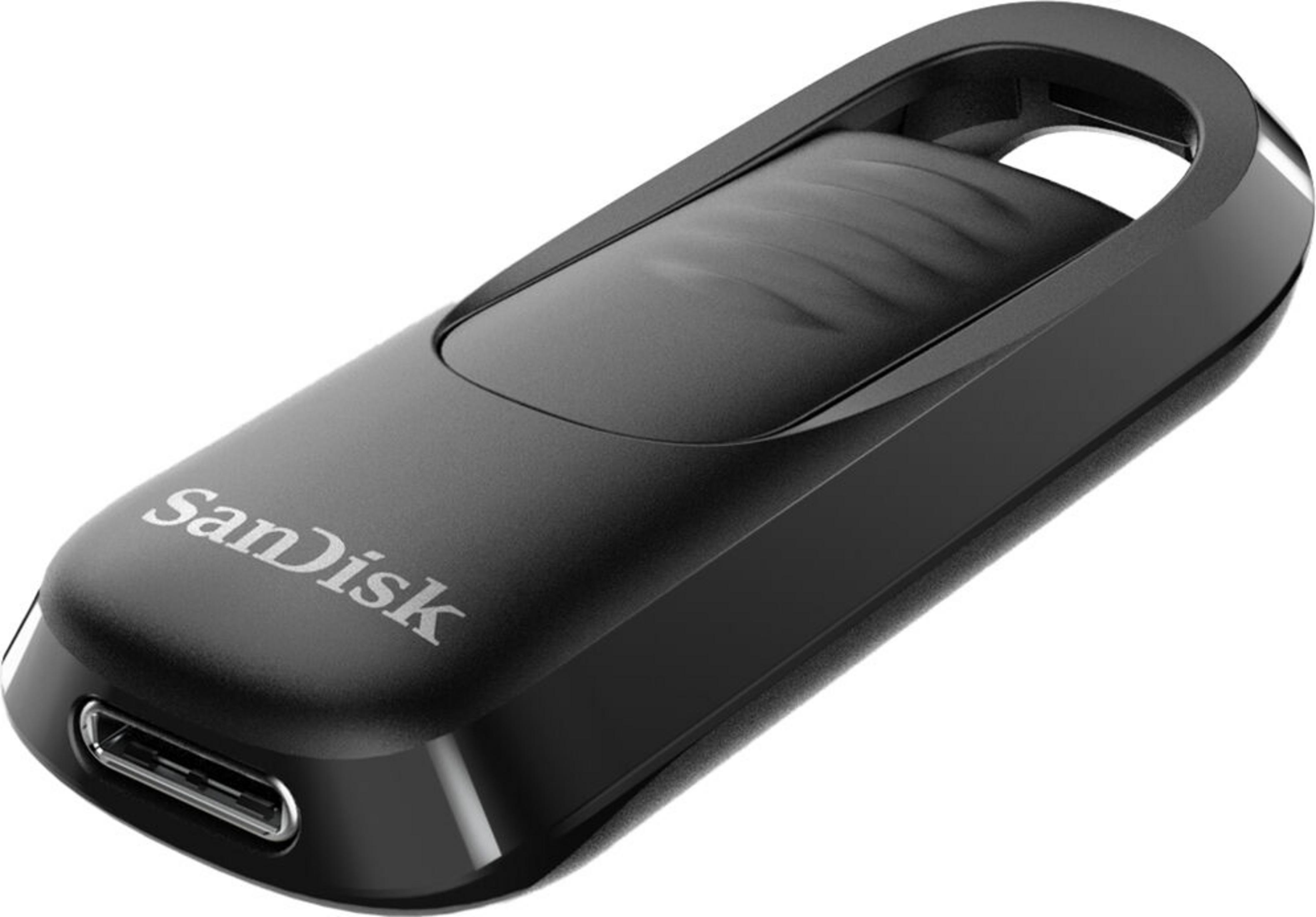 Czarny pendrive SanDisk USB-C z metalowym złączem i rowkowaną górną częścią.
