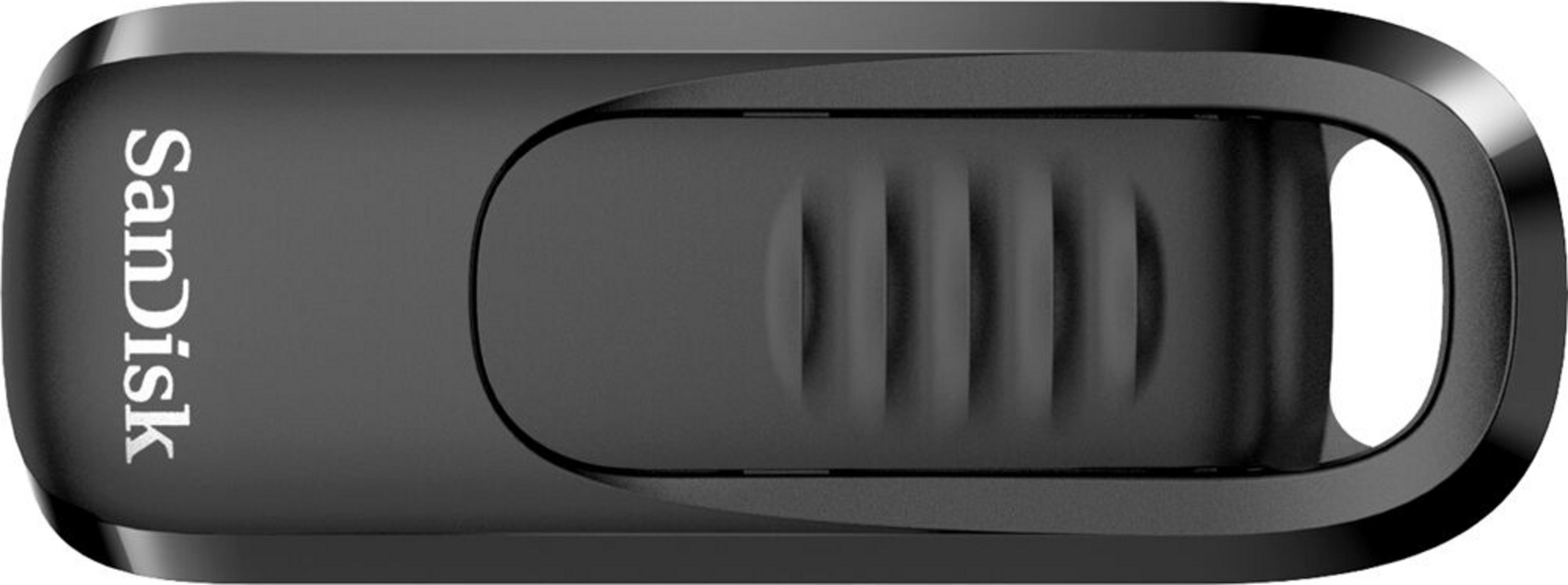 Czarny pendrive SanDisk z żebrowanym suwakiem i pętelką na końcu.