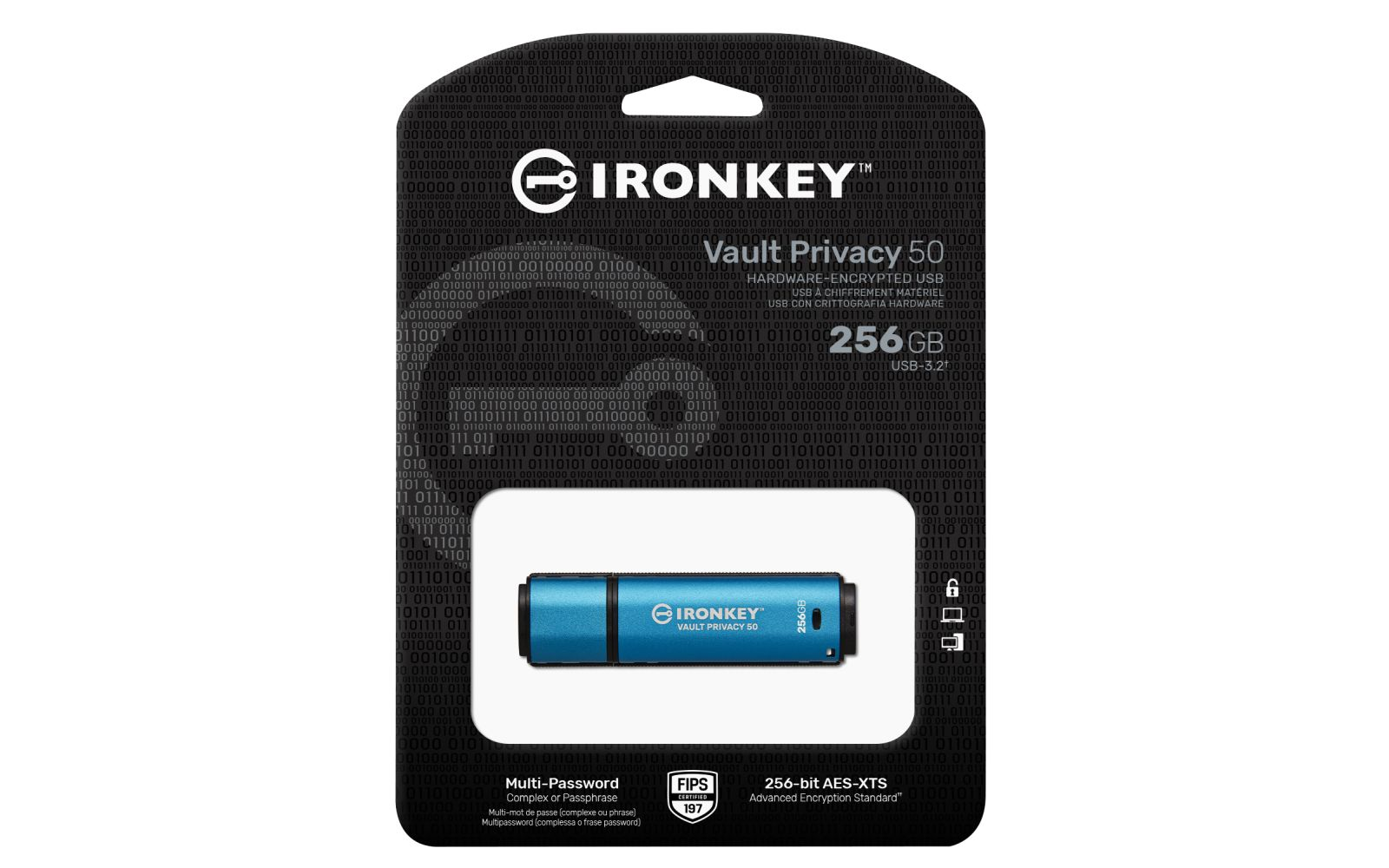 Niebieski pendrive IronKey 256 GB szczegółowo na czarnym tle kodu binarnego.