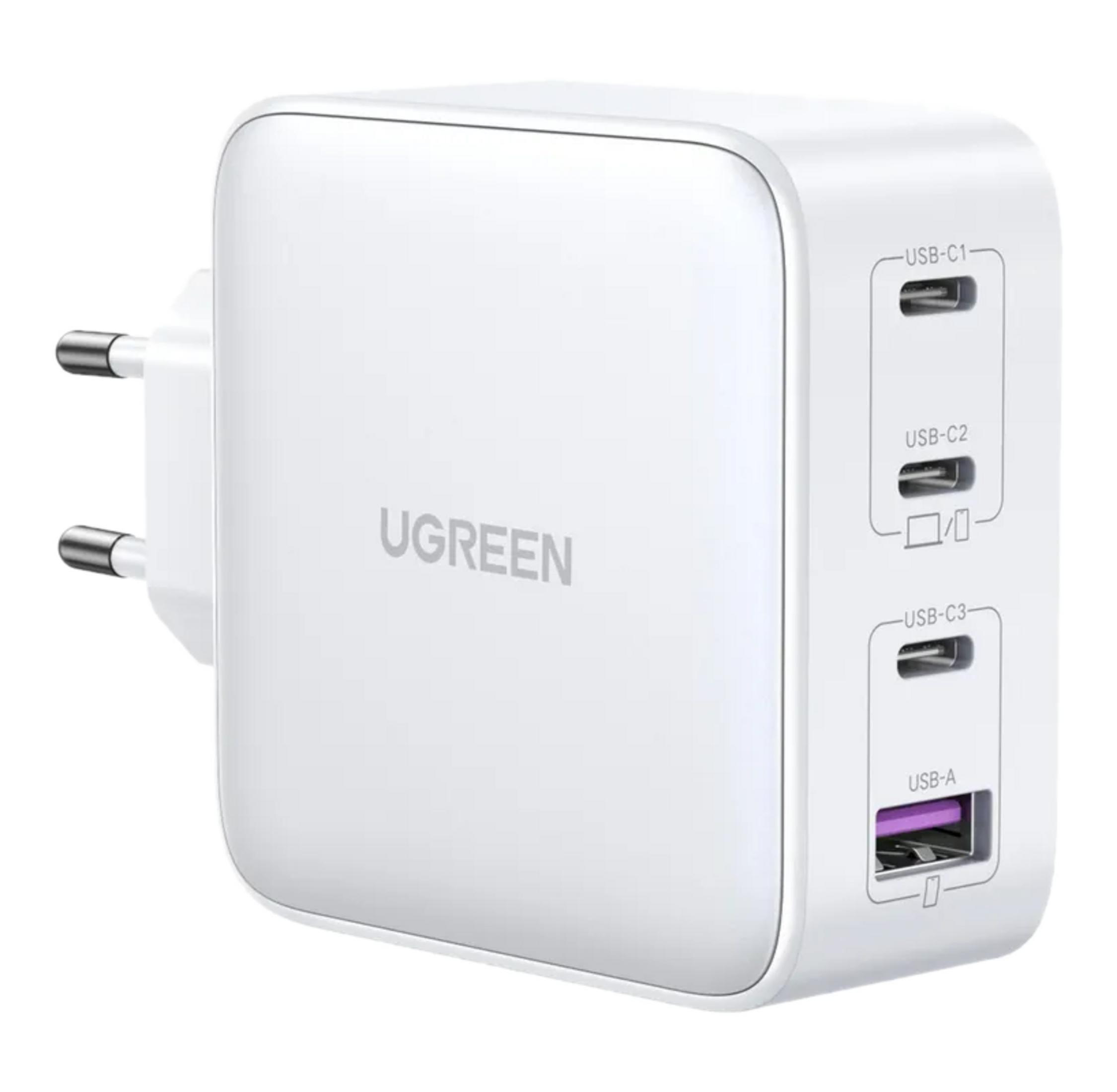 Biała ładowarka UGREEN z 3 portami USB-C i 1 portem USB-A, wtyczka EU.