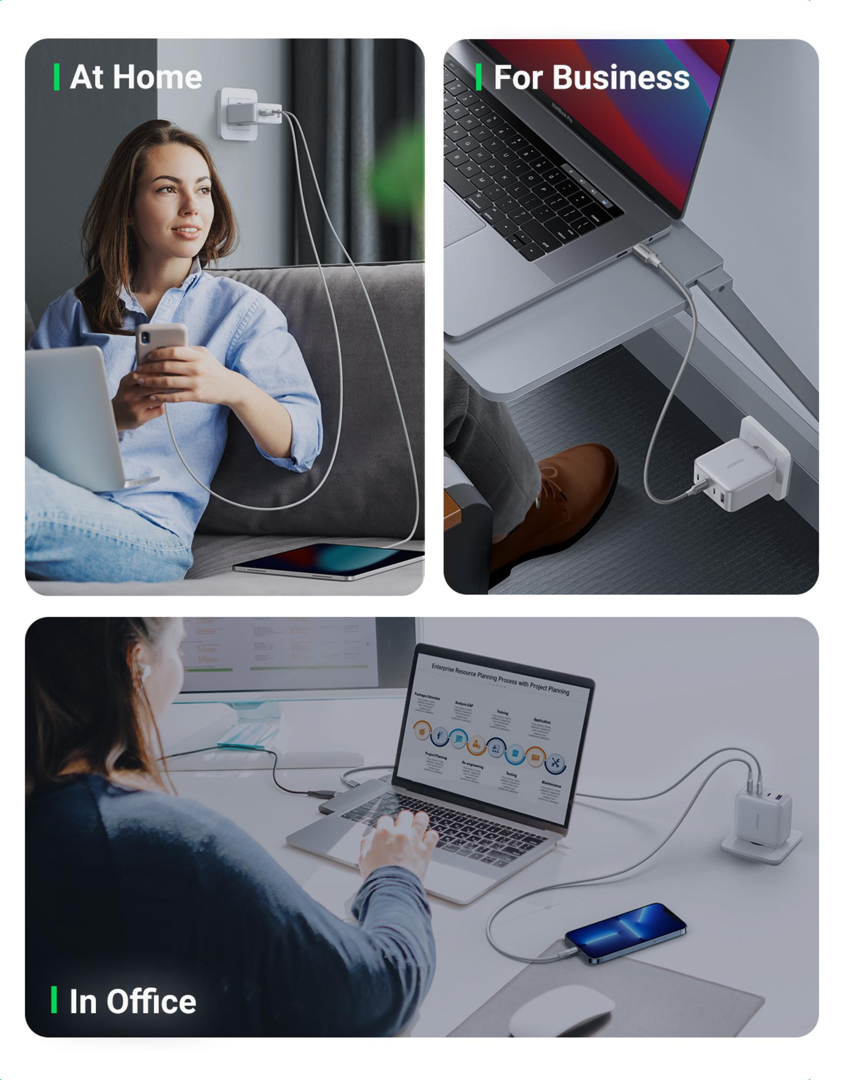 Trzy scenariusze: kobieta ładuje laptopa i tablet w domu, laptop przy biurku, kobieta ładuje laptopa i telefon w biurze.