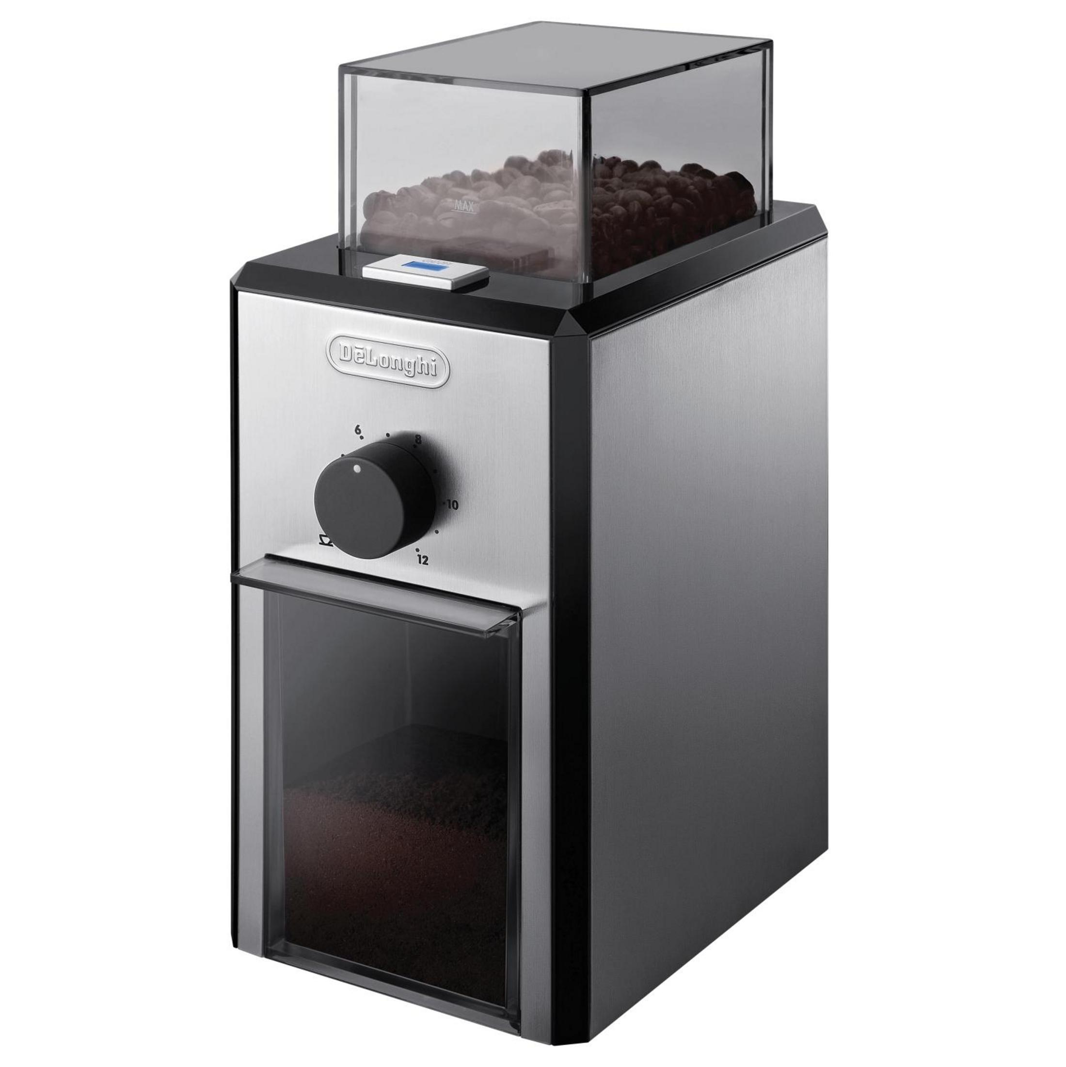 Srebrny młynek do kawy DeLonghi z czarnym pojemnikiem i pokrętłem grubości mielenia.