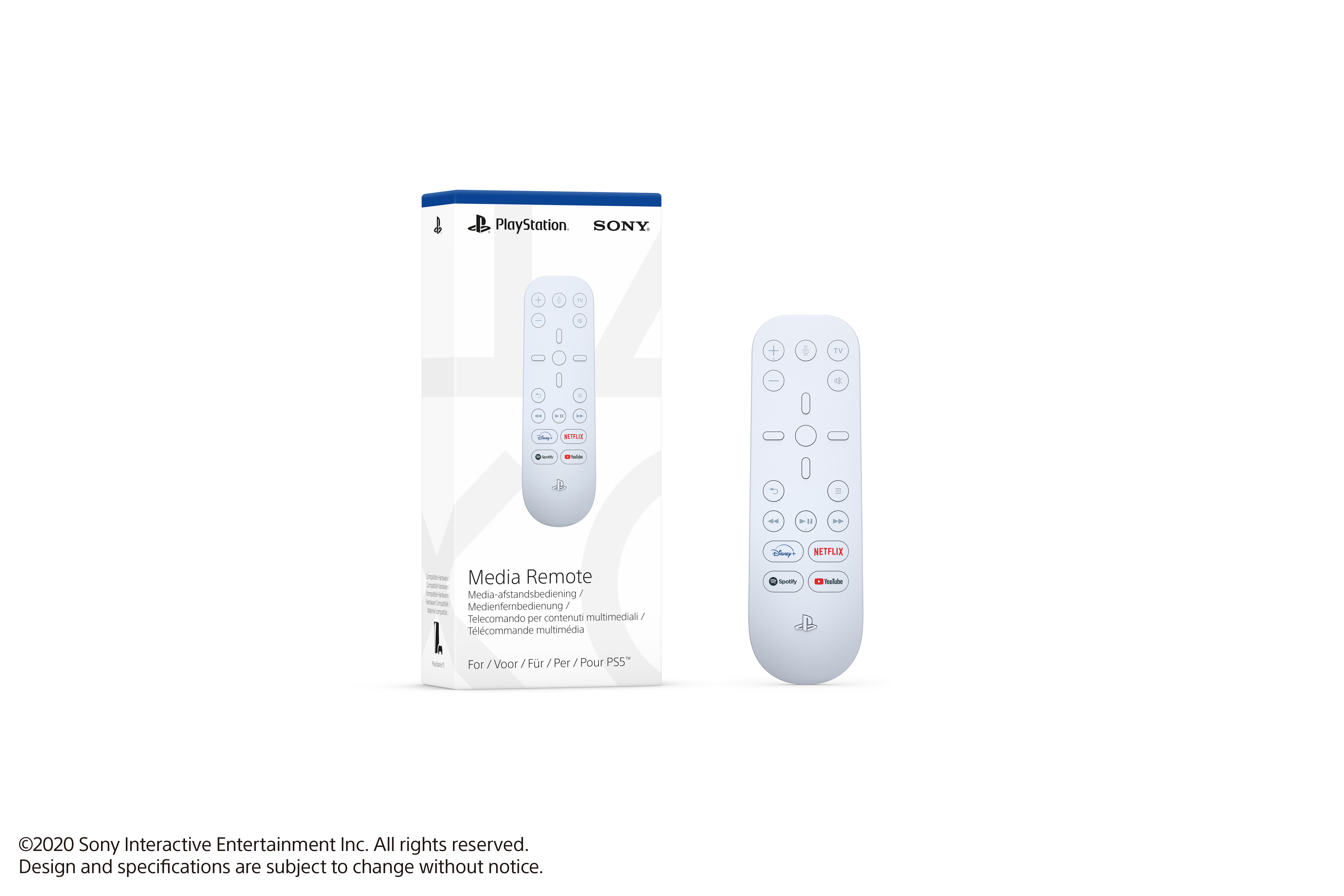 Un telecomando multimediale bianco per PlayStation 5 accanto alla sua confezione.