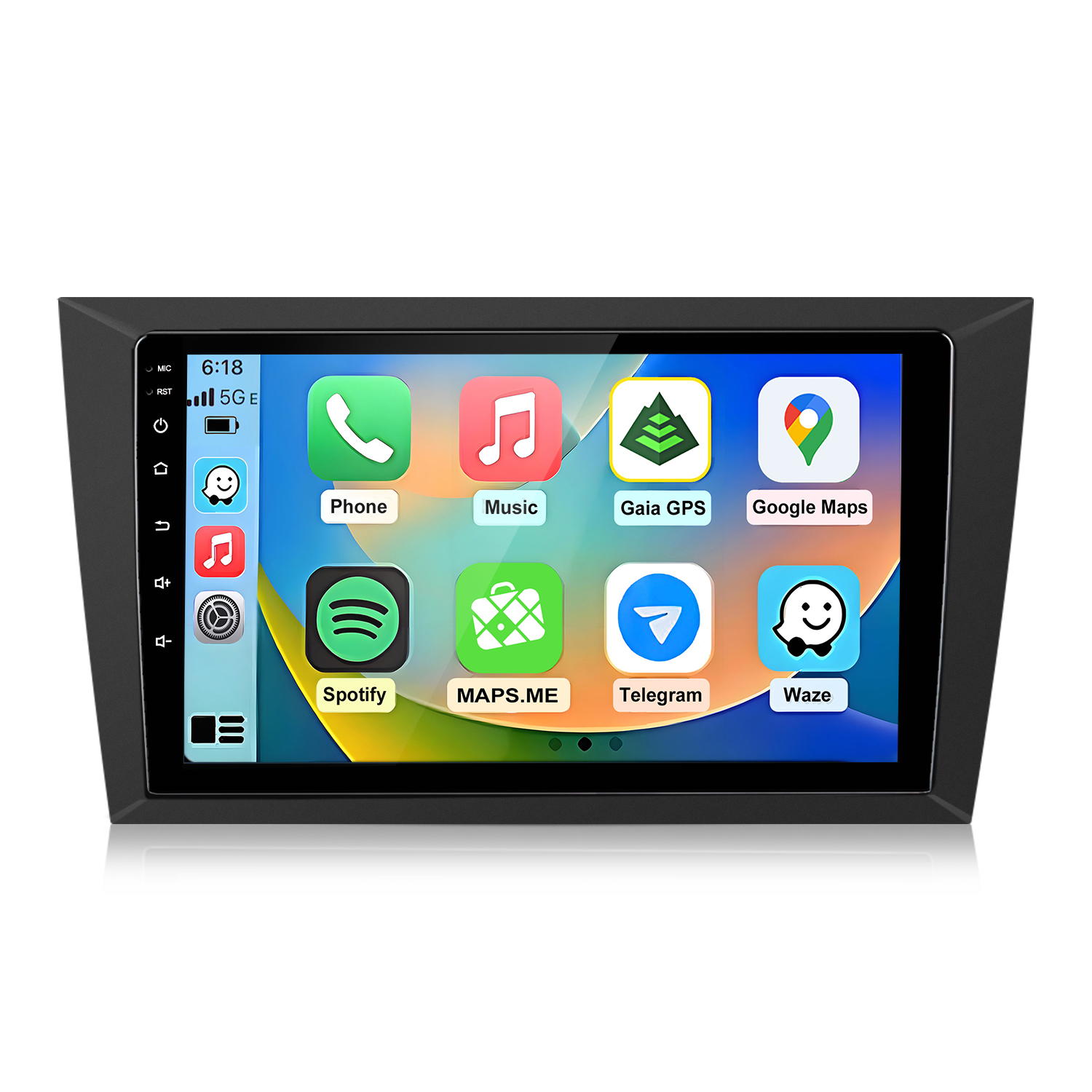 La pantalla de un estéreo de coche muestra apps como Teléfono, Música y Mapas.