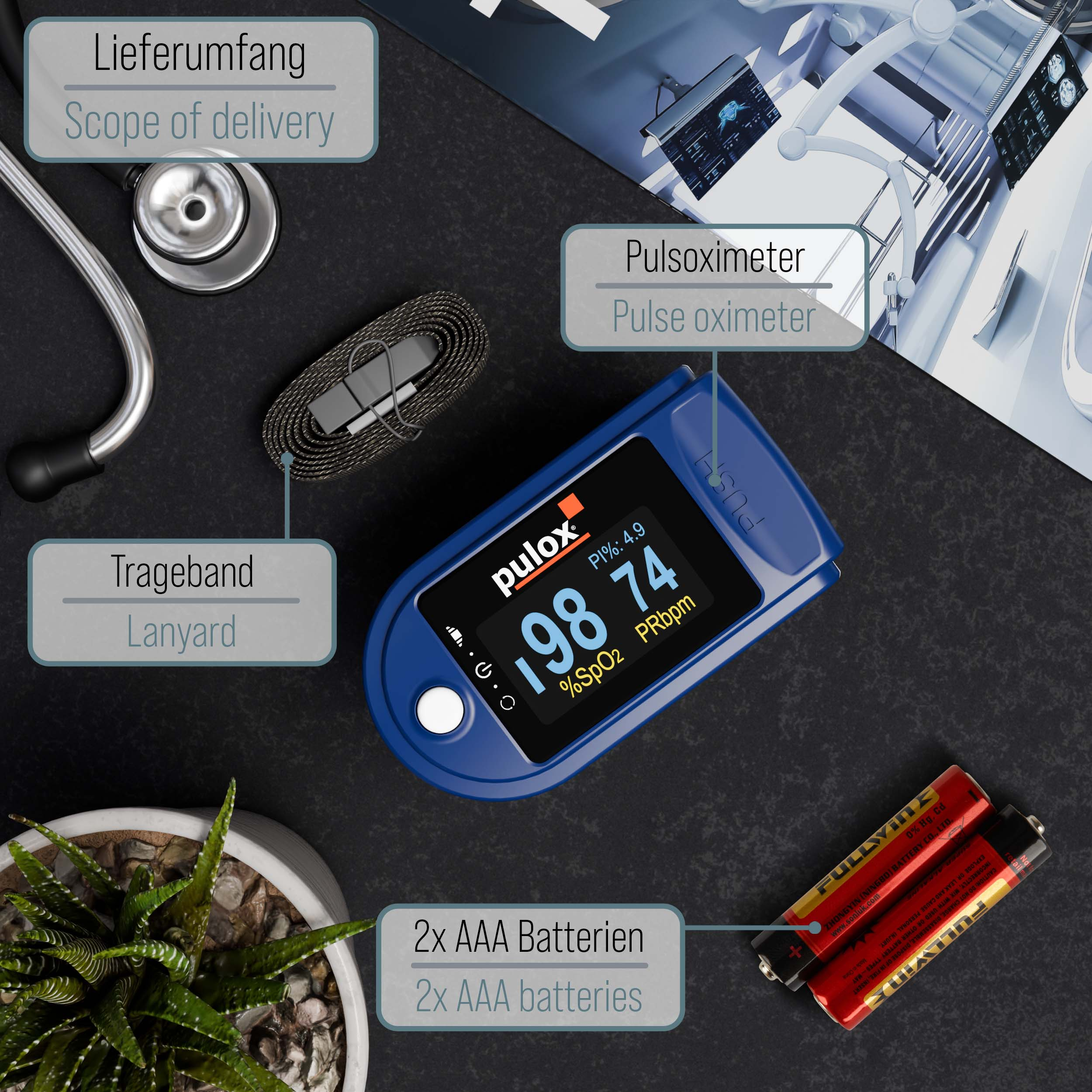 Ein blauer Pulsoximeter mit Stethoskop, Lanyard, Pflanzen und Batterien.