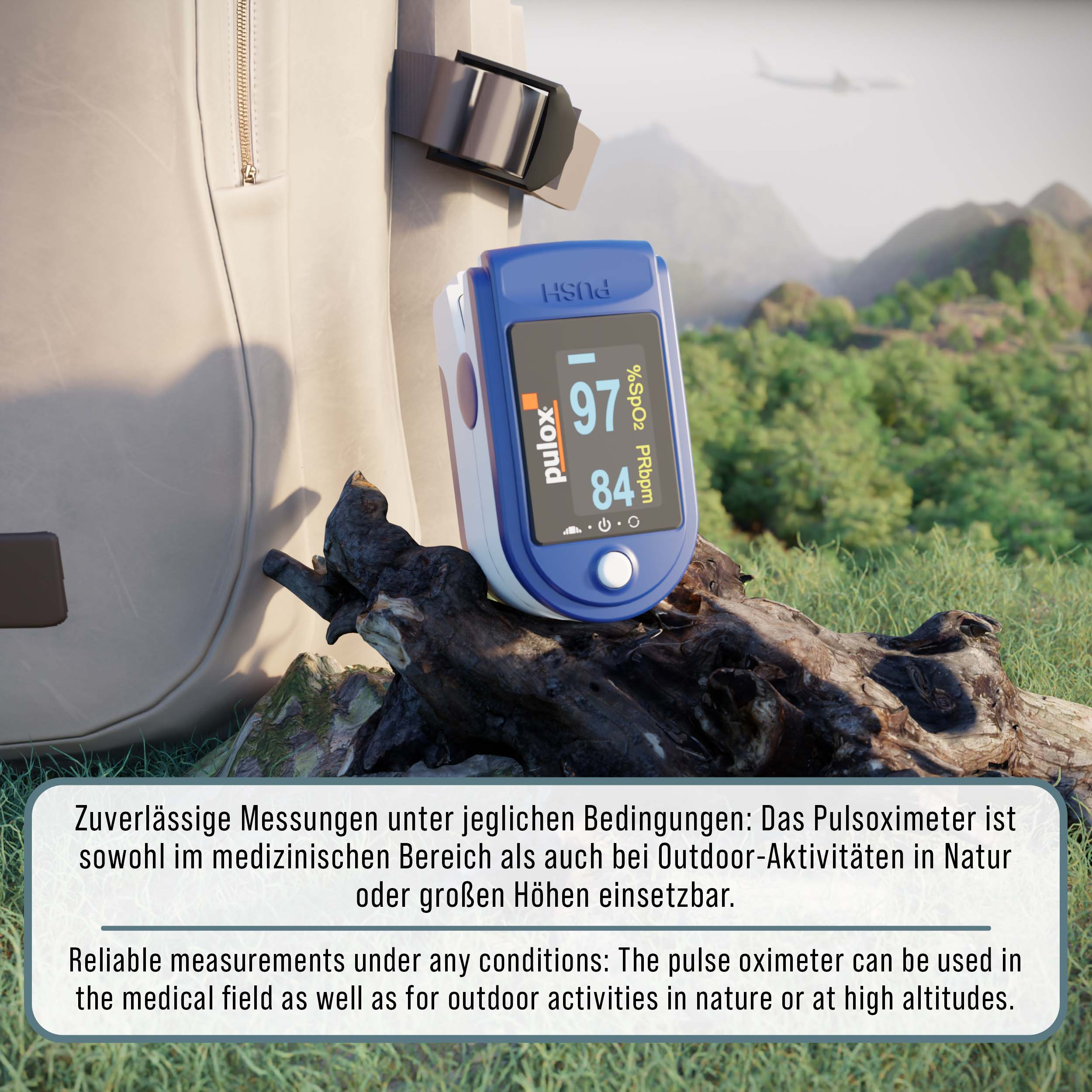 Blaues Pulsoximeter auf einem Baumstamm mit Rucksack und Landschaft.
