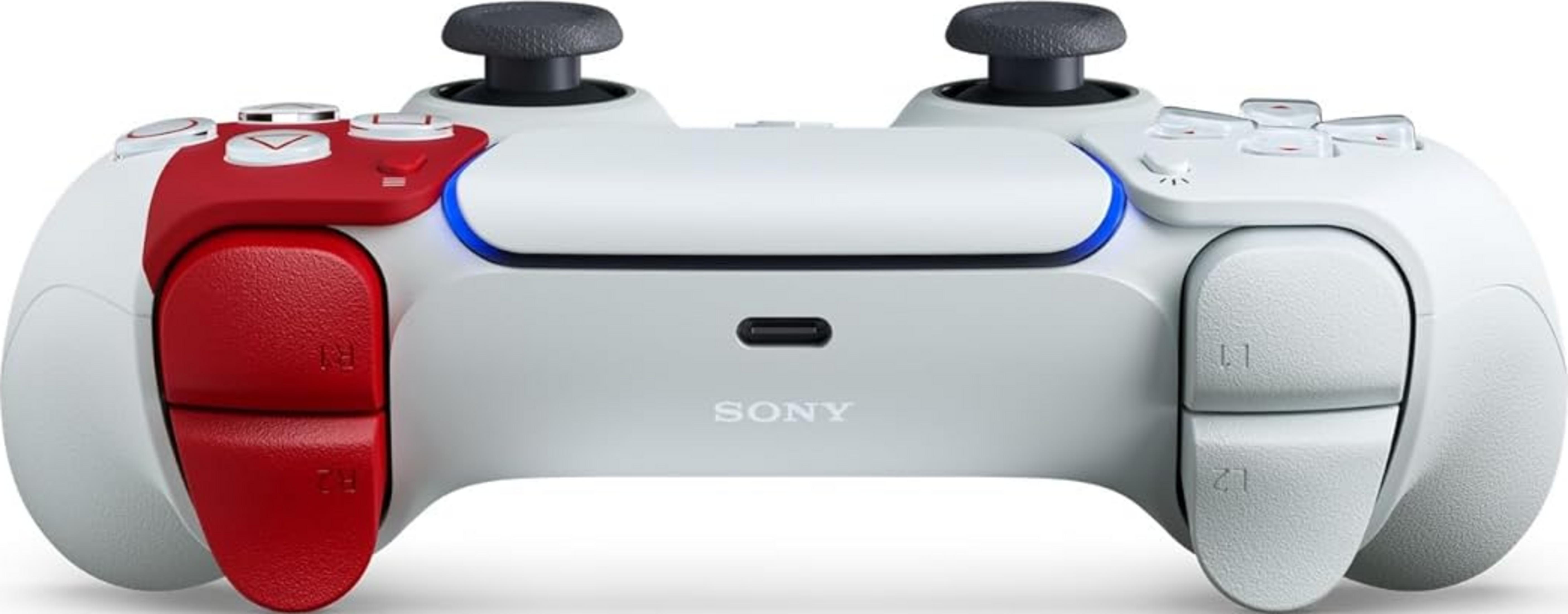 Ein weißer PlayStation-Controller mit roten Akzenten und blauen Lichtern.