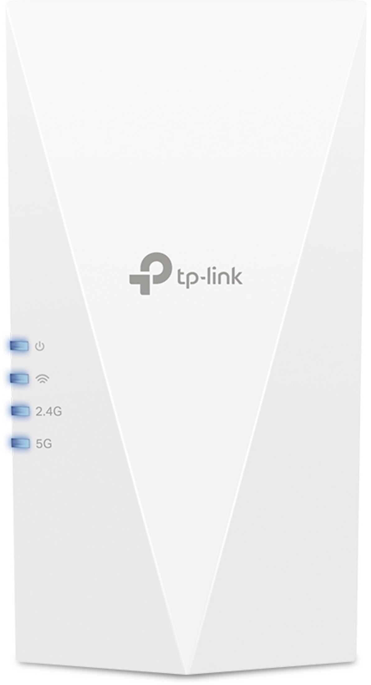 Un extensor Wi-Fi TP-Link blanco con LEDs azules para encendido, 2.4G y 5G.