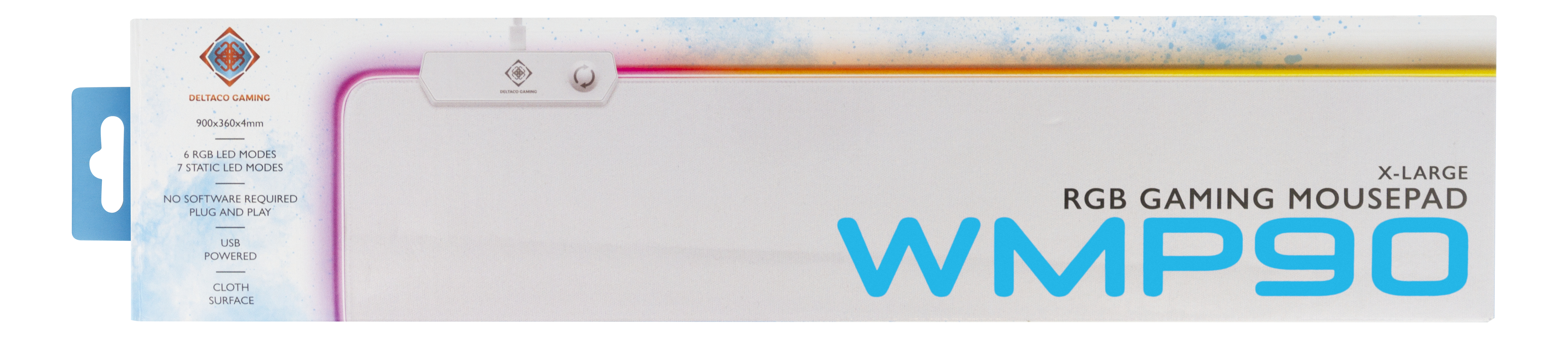 White gaming mousepad with RGB lighting and blue text.