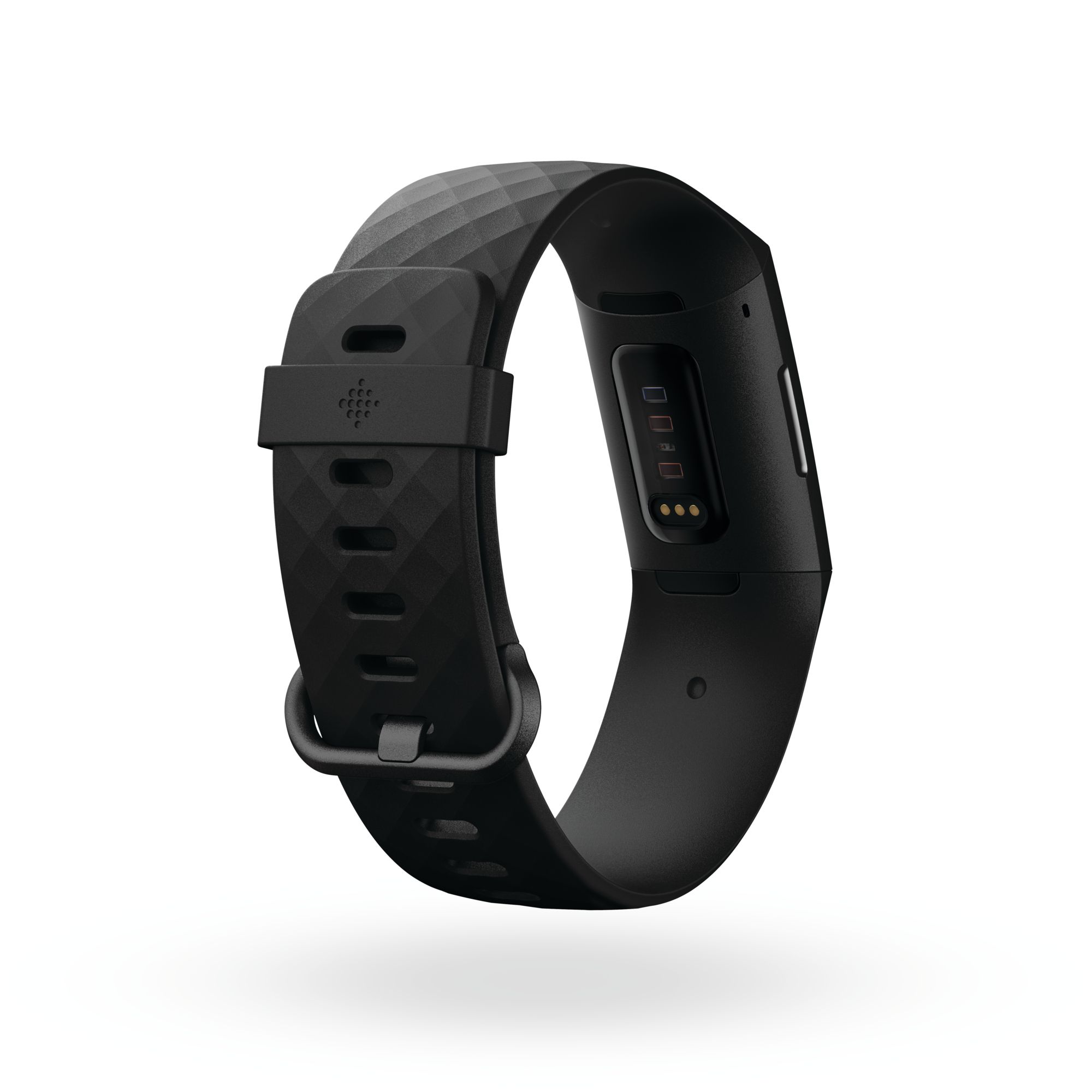 Schwarzes Fitnessarmband mit Rautenmuster und Ladekontakten.