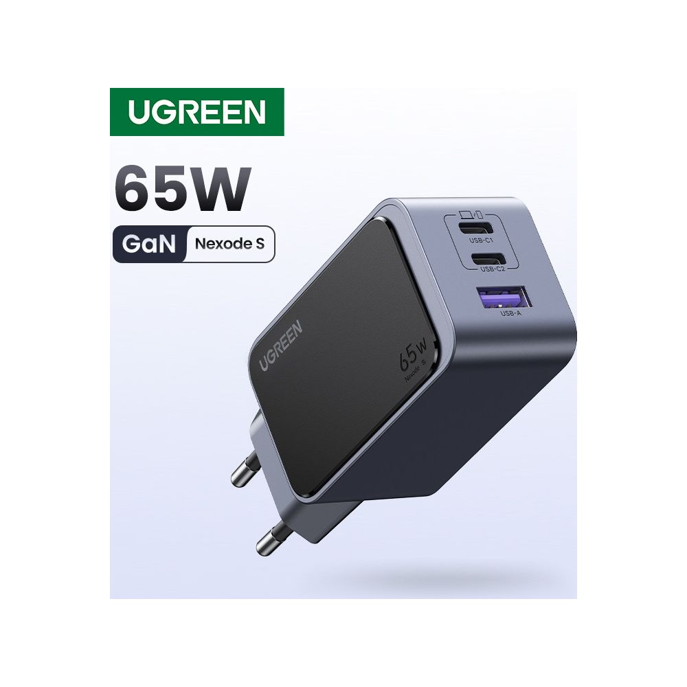 Ładowarka UGREEN 65W GaN Nexode S z dwoma portami USB-C i jednym USB-A.
