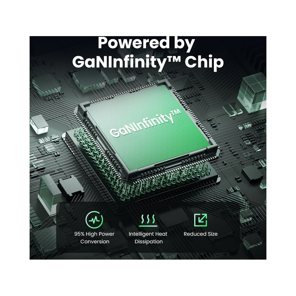 Zielony chip GaNInfinity na płytce drukowanej z ikonami mocy i chłodzenia.