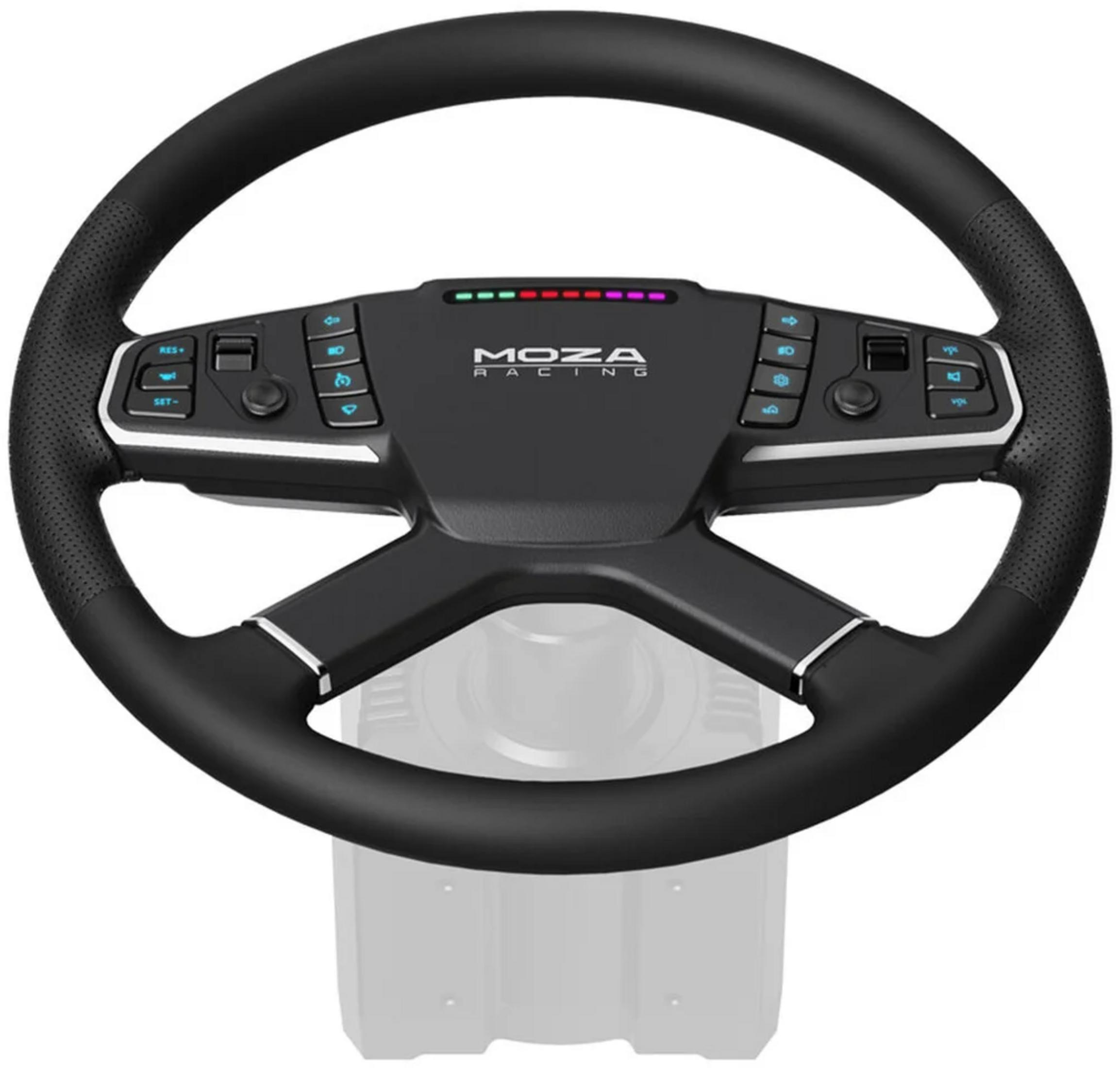 Volant noir avec boutons et LED RVB, logo Moza Racing.
