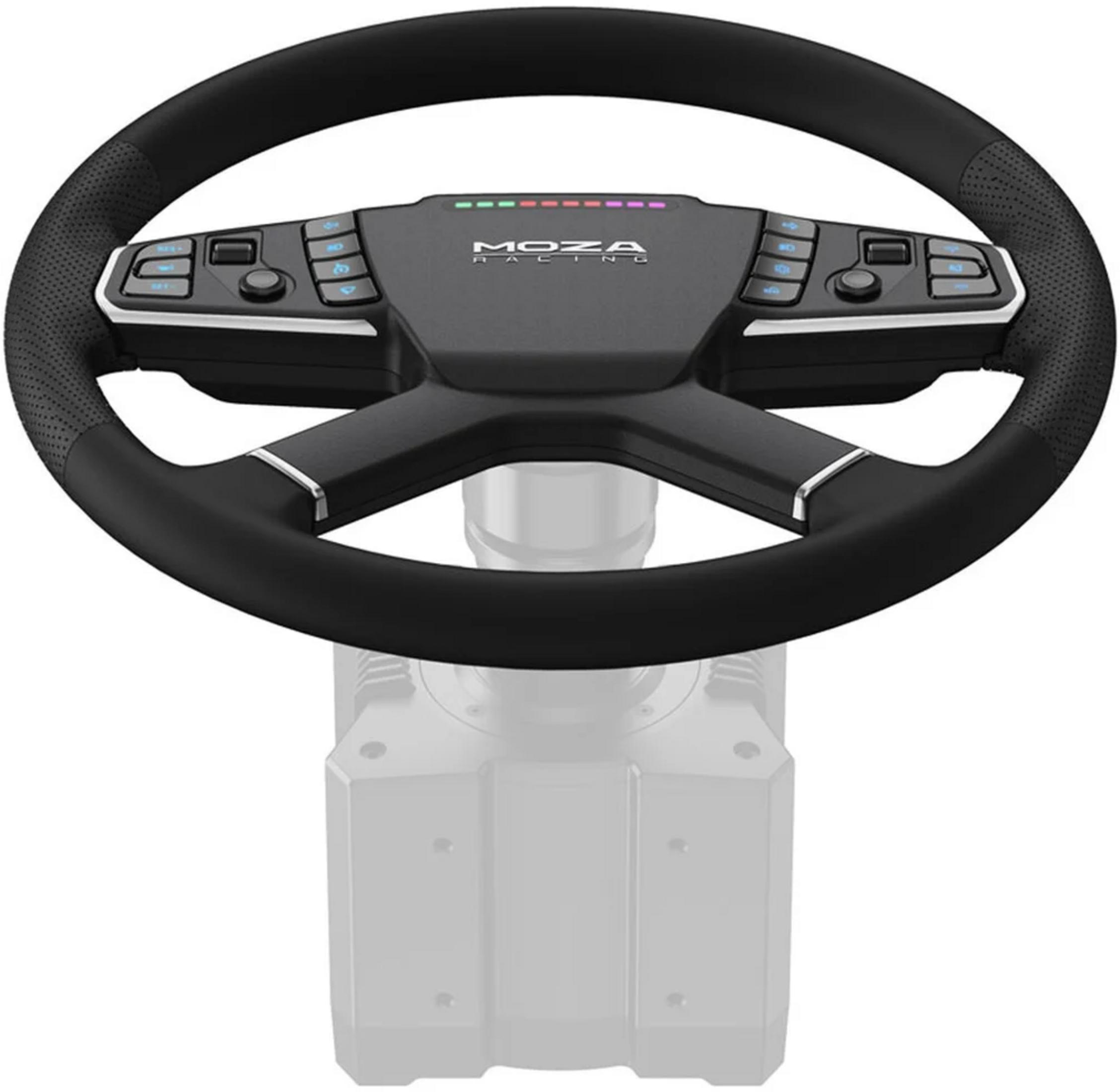 Volant noir avec accents argentés et de nombreux boutons. Logo MOZA RACING.
