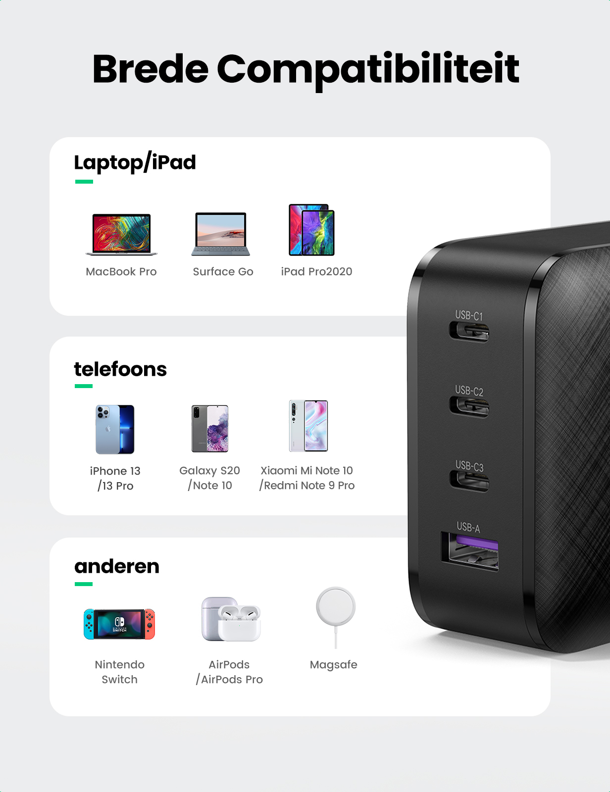 Breite Kompatibilität: Laptops, Telefone, Nintendo Switch, AirPods, Magsafe.