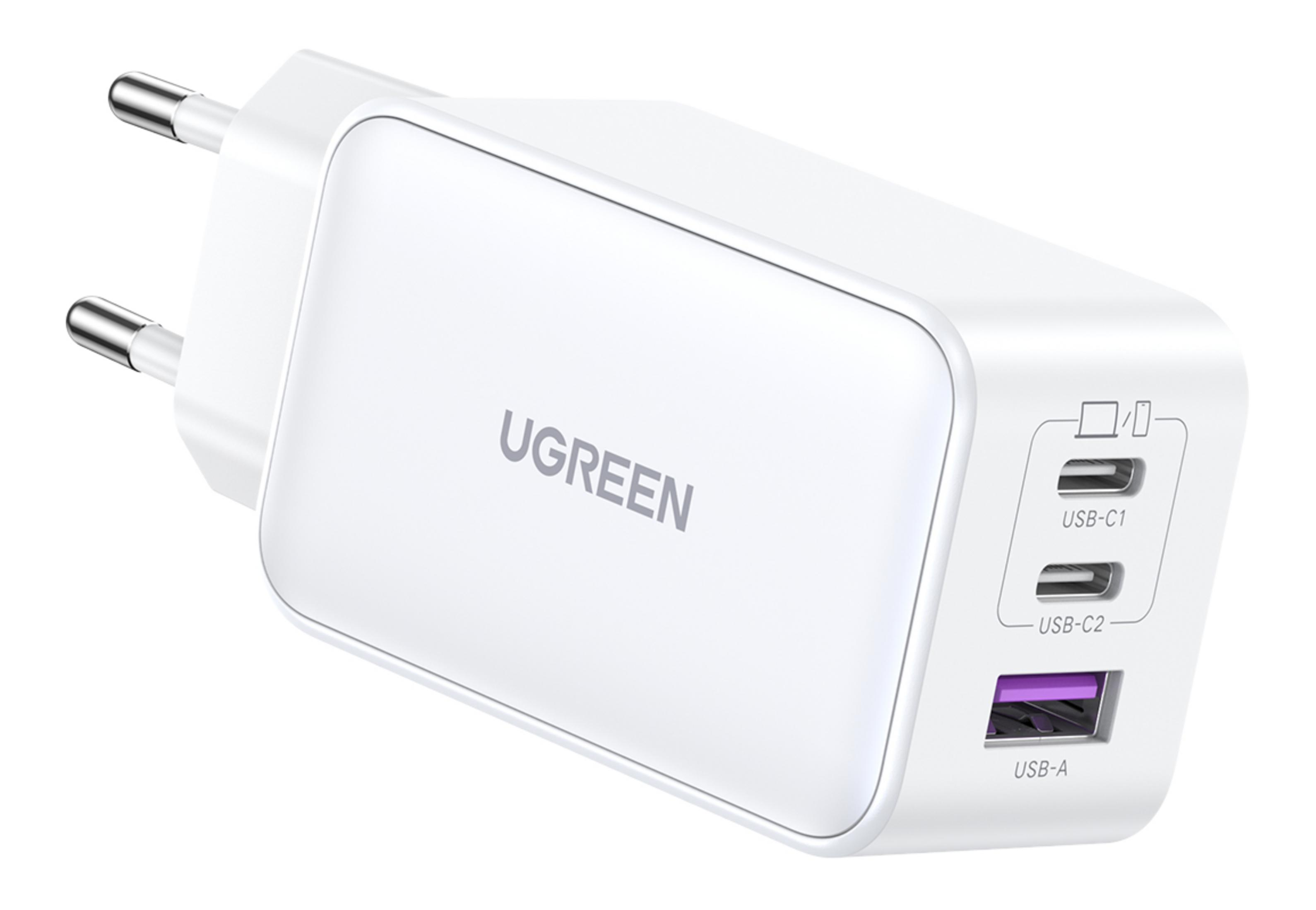 Biała ładowarka UGREEN z dwoma portami USB-C i jednym USB-A.