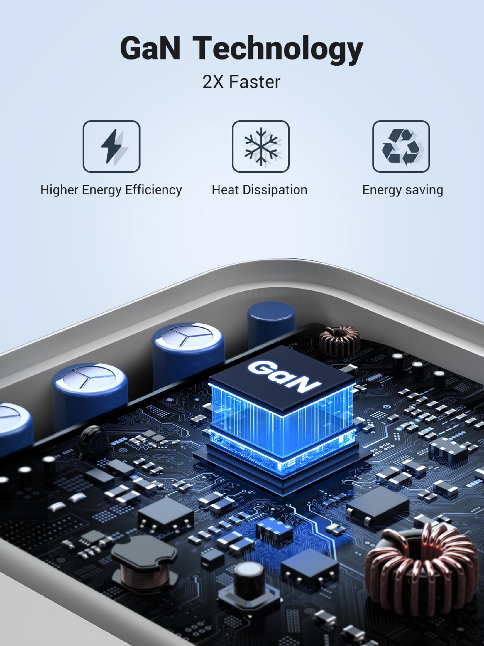 Płytka drukowana z niebieskim chipem GaN, kondensatorami i cewkami.