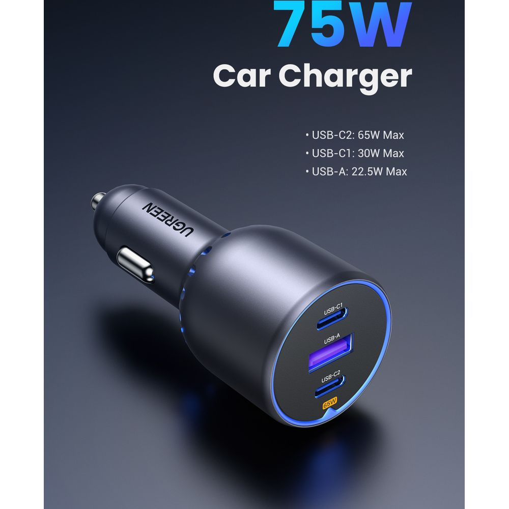 Szara ładowarka samochodowa 75W z trzema portami USB i niebieskim podświetleniem.