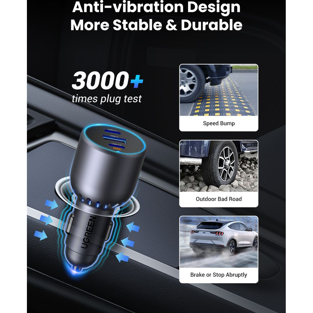 Ładowarka samochodowa z wieloma portami USB, przetestowana na ponad 3000 cykli podłączania.