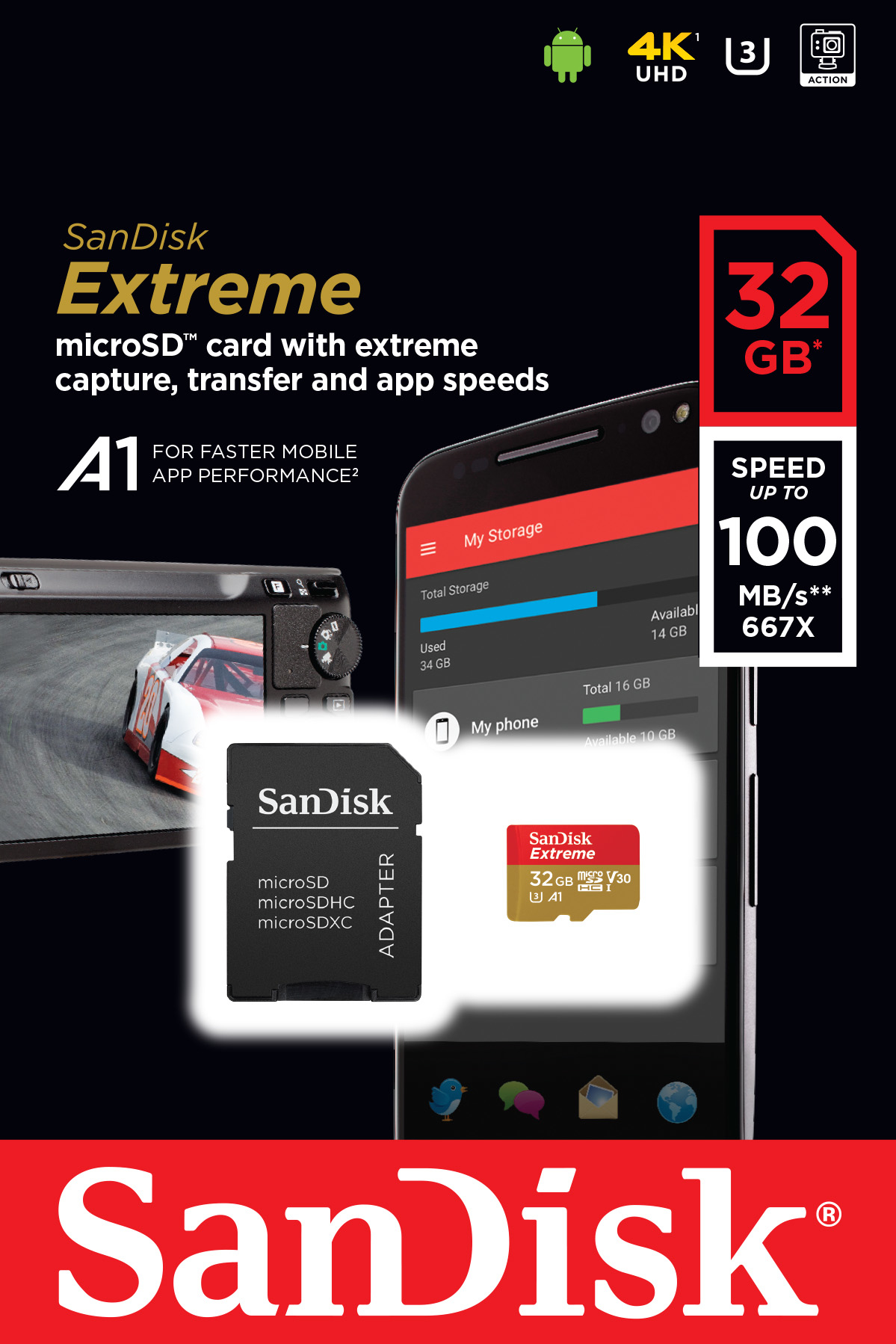 Tarjeta microSD SanDisk Extreme de 32GB con 4K UHD, A1. Muestra cámara, teléfono y tarjetas de memoria.