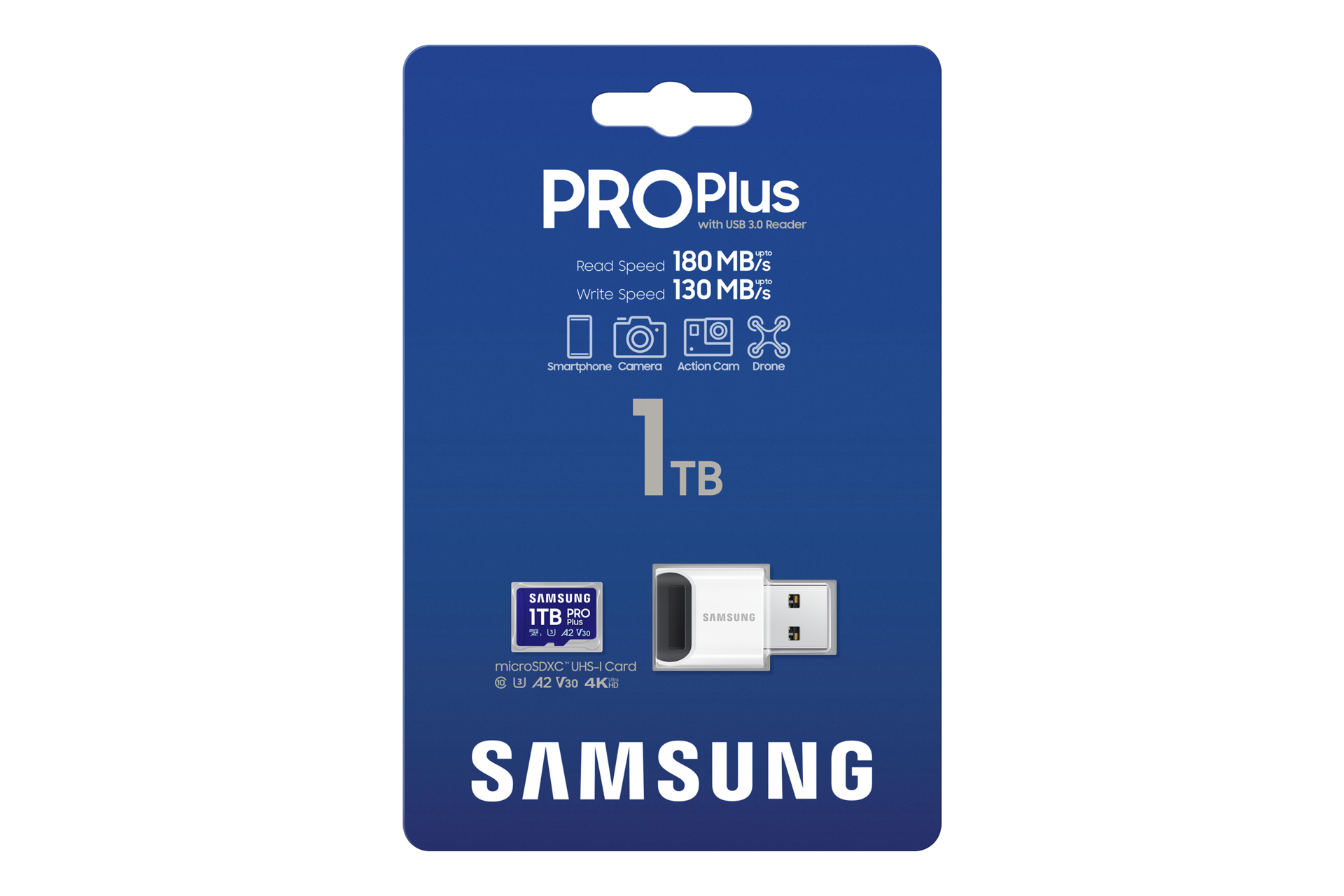 Samsung 1TB PRO Plus microSDXC UHS-I Karte mit USB 3.0 Lesegerät.