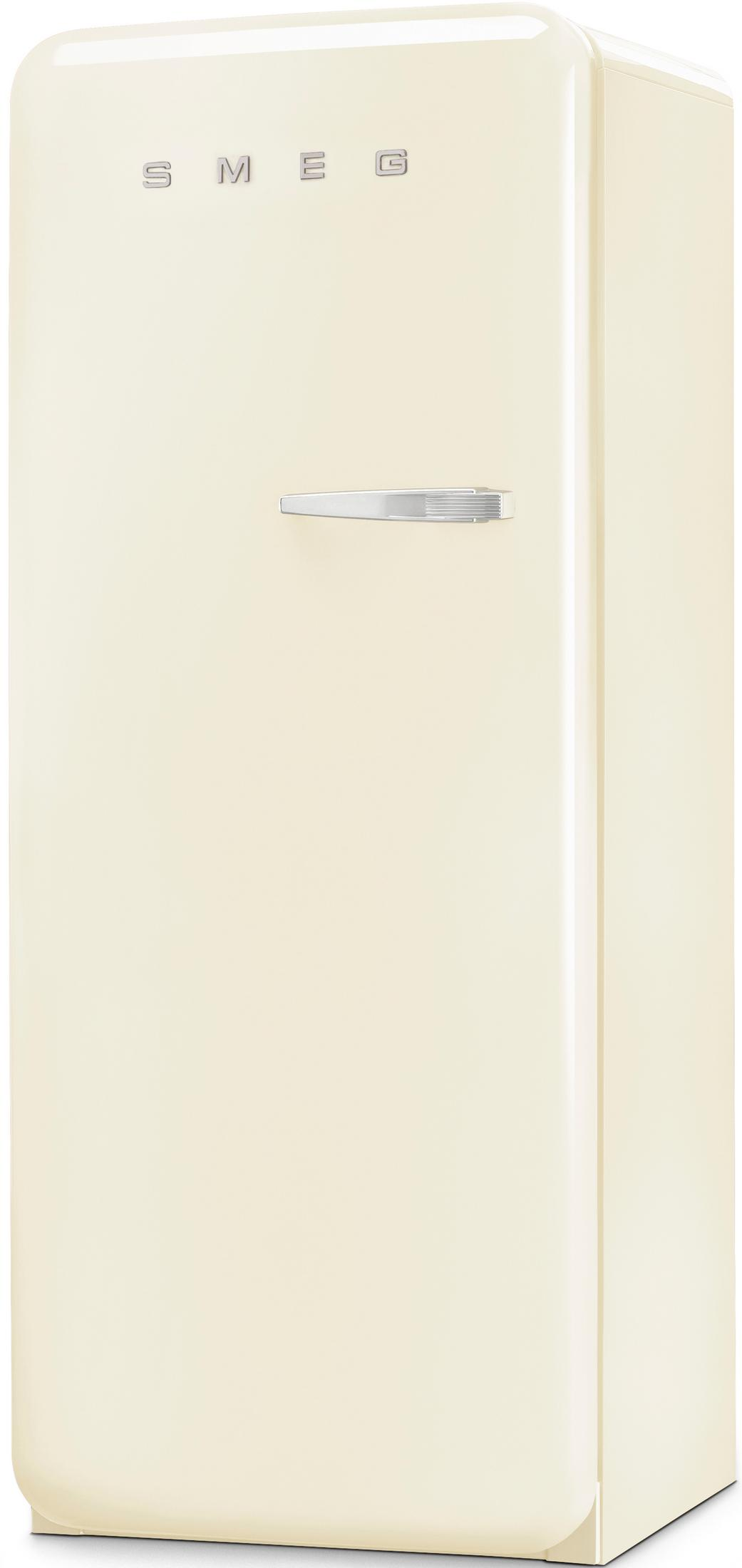 Ein cremefarbener SMEG-Kühlschrank mit silbernem Griff und Logo.