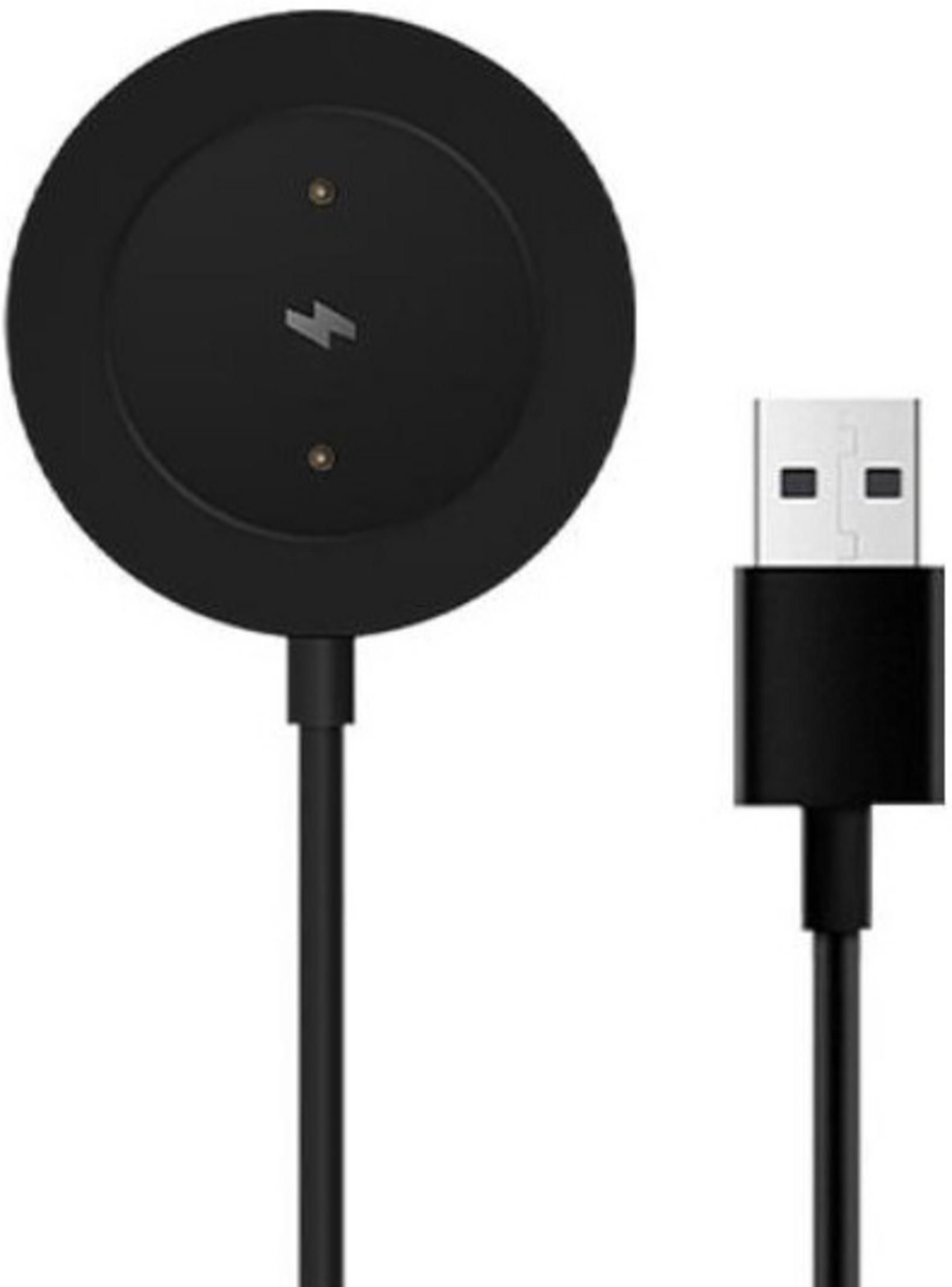 Cable de carga negro con contacto de carga magnético redondo y enchufe USB.