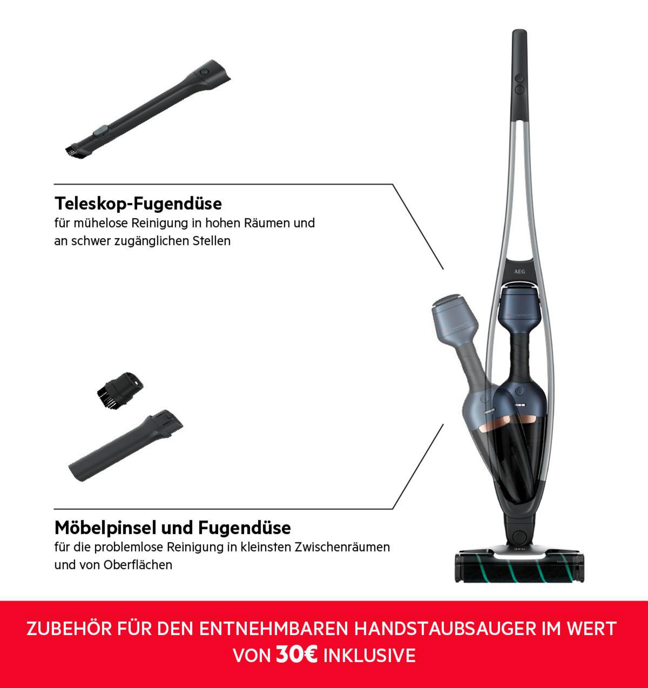 Ein AEG Handstaubsauger mit Zubehör: Teleskopdüse und Bürste.