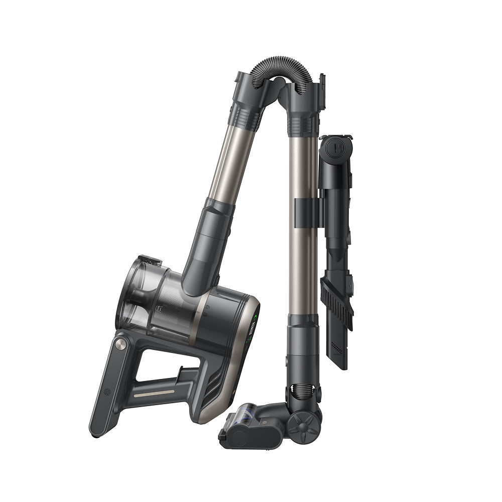 Un aspirapolvere cordless moderno, grigio scuro e argento.