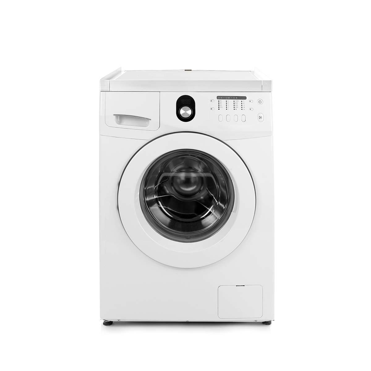 A white front-loading washing machine with a round porthole door and control panel.