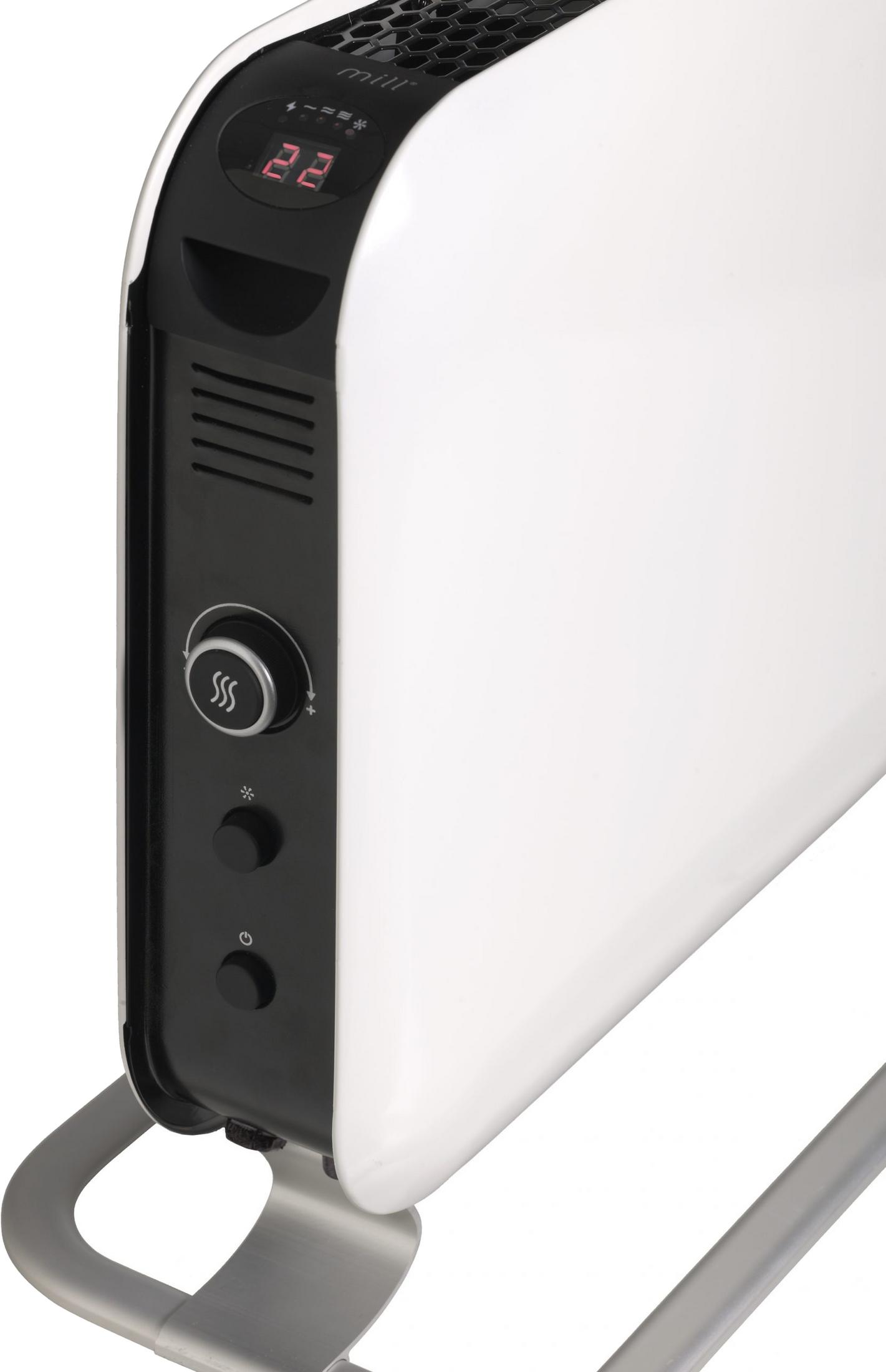 Biały grzejnik z cyfrowym wyświetlaczem i pokrętłem.
